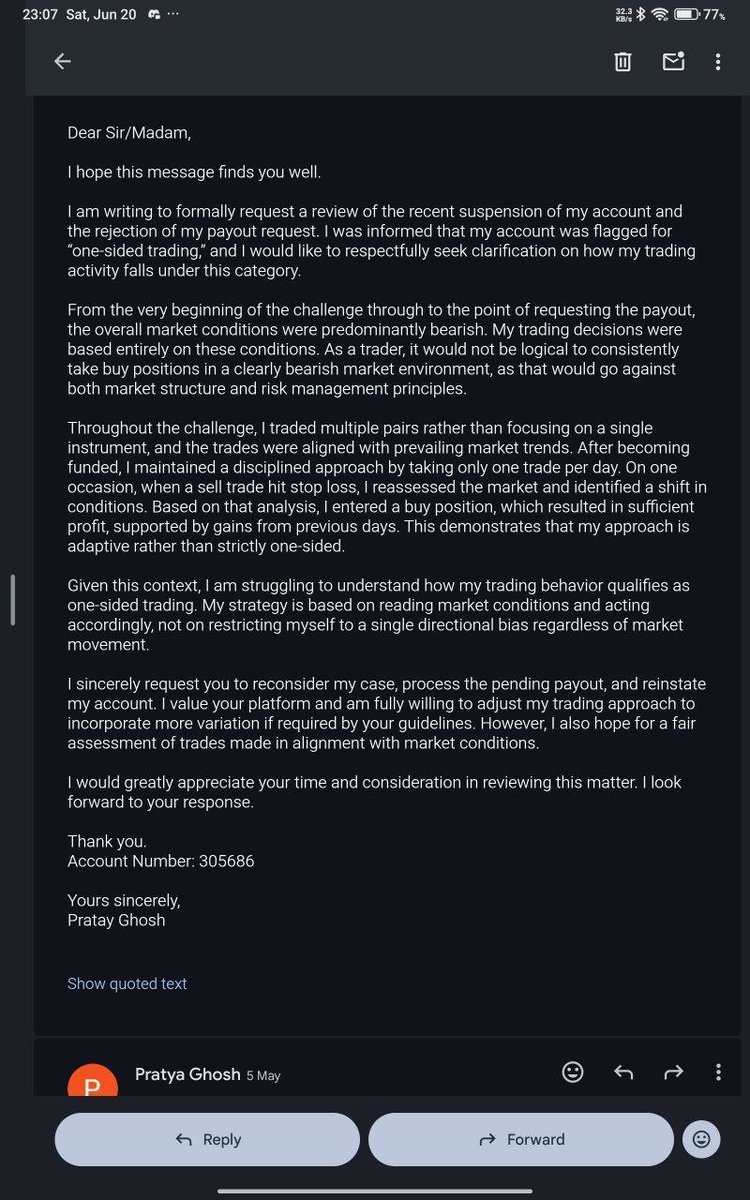 propfirmtrack's tweet photo. This trader (@Random_trader1) had 3 funded accounts with @upcomers_com – and all 3 ran into payout issues, each with a different excuse.

• First payout: Rejected for 'One-sided betting'.

He was taking just 1 trade per day, across different days and pairs. No overtrading, No revenge trading and No excessive risk.

• Second payout: Rejected for 'Gambling'.

Trades were held for 1-2 hours, with 15-30 minutes between entries. Risk was controlled, yet the payout was still denied.

• Third payout: This time, the issue was 'No losing trades'.

UPCOMERS claimed an 'All or Nothing' strategy, paid only $257 out of $500. Reduced future payouts to 50% and suspended all accounts.