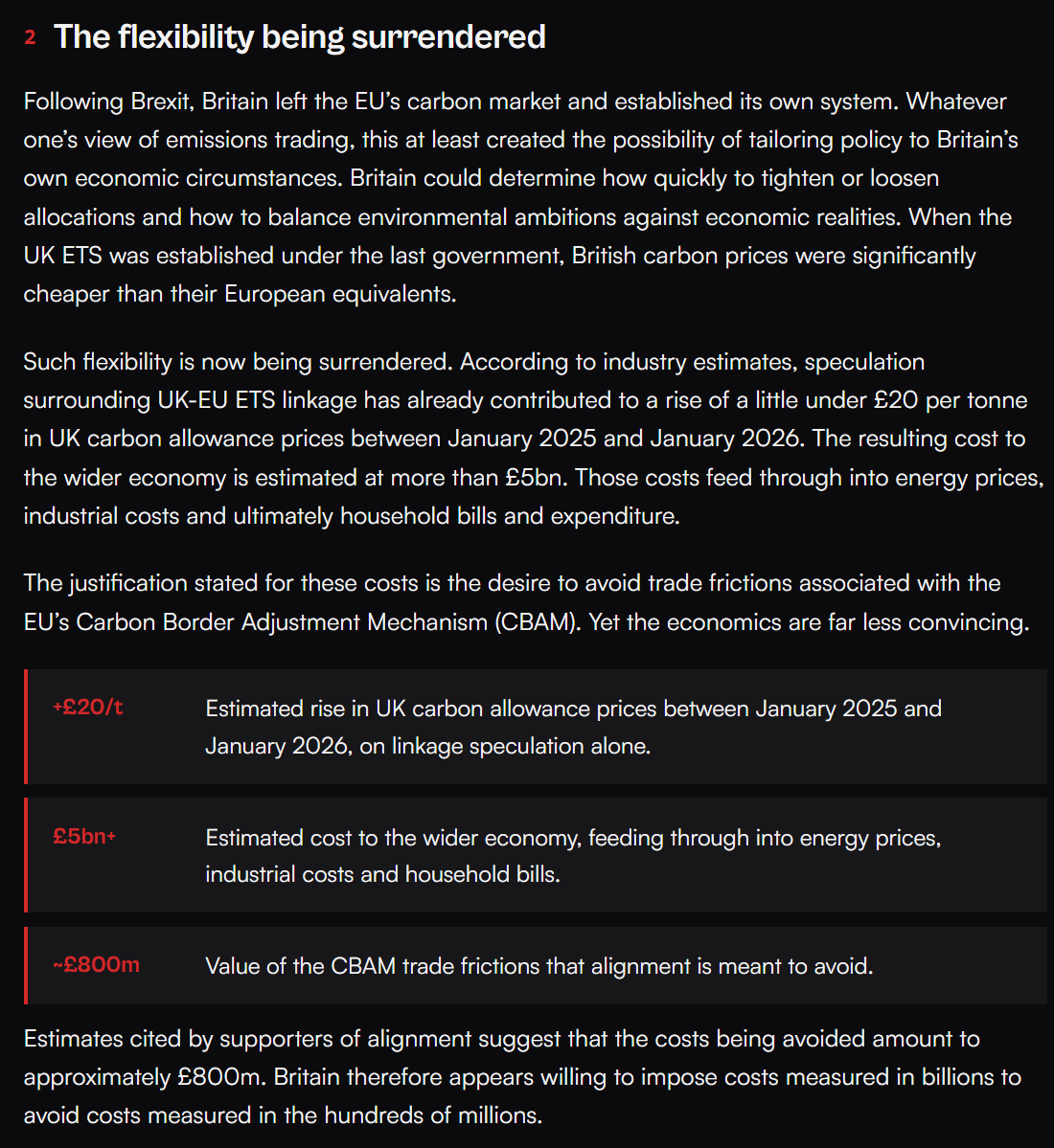 Matthew__Bowles's tweet photo. Pleased to write for @GreatBritishTT on Labour's plans to link the UK ETS with the EU's.

UK carbon prices have already risen by around £20/t on linkage speculation alone, with an estimated £5bn economic cost. 

Higher carbon costs risk pushing production overseas.

Full piece👇 https://t.co/1xpa3h1aKj