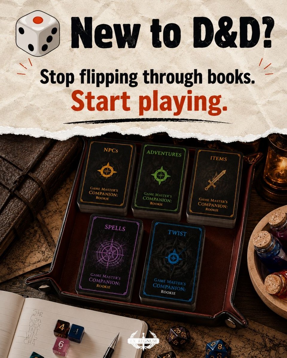 ExRegnum's tweet photo. ¿Estás empezando en D&amp;D 5e? 🎲

Game Master's Companion: Rookie reúne PNJs, objetos, aventuras, hechizos y mucho más en un único sistema de cartas listo para usar.

⚔️ Prepara menos. Juega más. https://t.co/zBB6Vt9i38