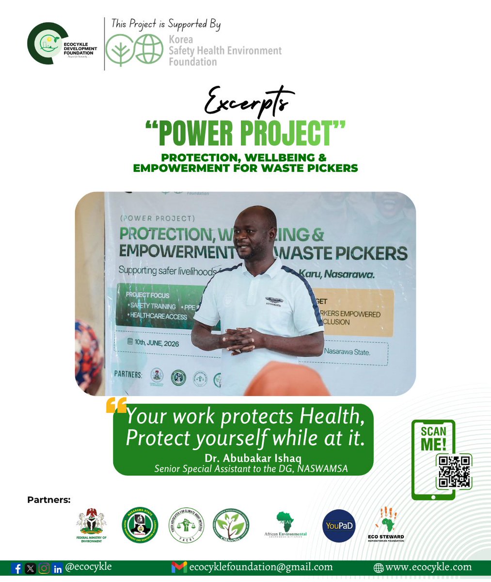 ecocykle's tweet photo. POWER Project 2026 ♻️
“Your work protects health, protect yourself while at it.”  
  — Dr. Abubakar Ishaq, Senior Special Assistant to the DG, NASWAMSA.

Every day, informal waste workers play a vital role in keeping our communities clean, healthy, and sustainable. 
#POWER2026 https://t.co/okH2Do3s7N