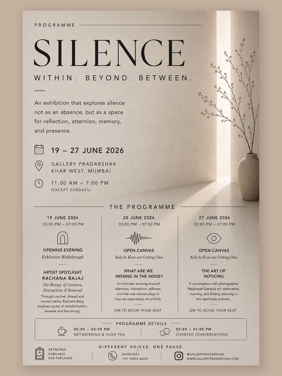 MeghanadG's tweet photo. Honoured to be part of SILENCE  Within. Beyond. Between at Gallery Pradarshak, Mumbai.
On 27 June, 5 PM , I'll be speaking on "The Art of Noticing" observation, memory, andextraordinary hidden within life , 
#SilenceExhibition #Photography #ContemporaryArt #TheArtOfNoticing https://t.co/0cgEd1sSmW