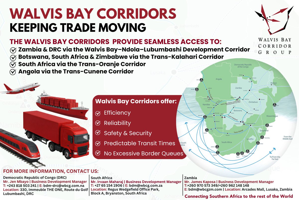 _WBCG's tweet photo. For all your logistical needs to and from Southern Africa; the Walvis Bay Corridors provides seamless access.
We are here to serve you!
#WBCG #Namport #PortofWalvisBay #PortofLüderitz #WBNLDC #TransKalahariCorridor #TradeFacilitation #BusinessDevelopment #TransportandLogistics #NamibiaBotswanaDRCSouthAfricaZambiaZimbabwe #SADCTrade #RegionalIntergration