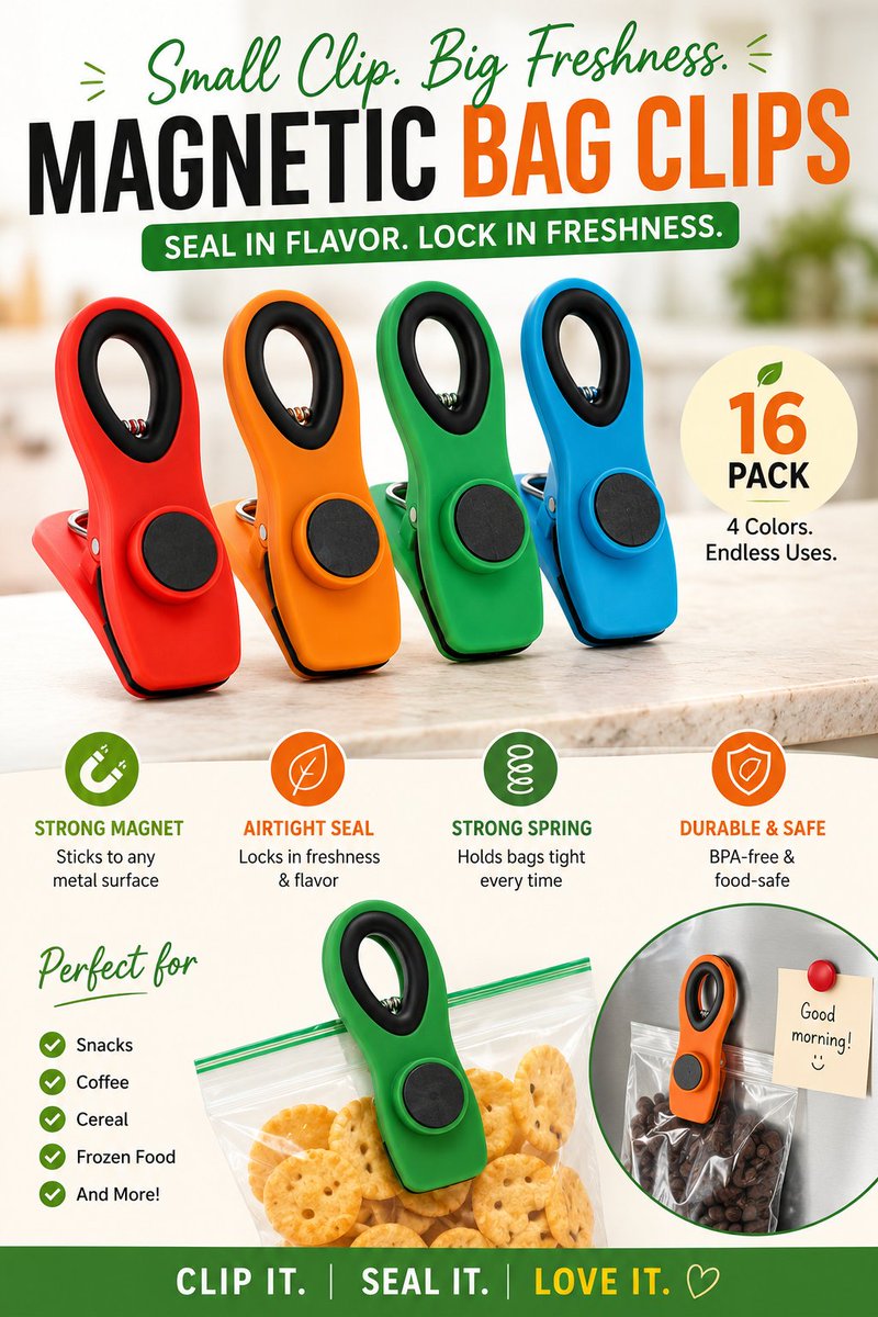 sayammukki's tweet photo. 16-Pack Magnetic Bag Clips β Keep Snacks Fresh Longer
β¨ Strong Magnet
β¨ Airtight Seal
β¨ Durable & Reusable
β¨ BPA-Free & Food Safe
β¨ Perfect for Chips, Coffee, Cereal
#BagClips #MagneticBagClips #KitchenOrganization #FoodStorage
Buy:https://t.co/vuxpNi3ZFK https://t.co/RH8H6xwGLR