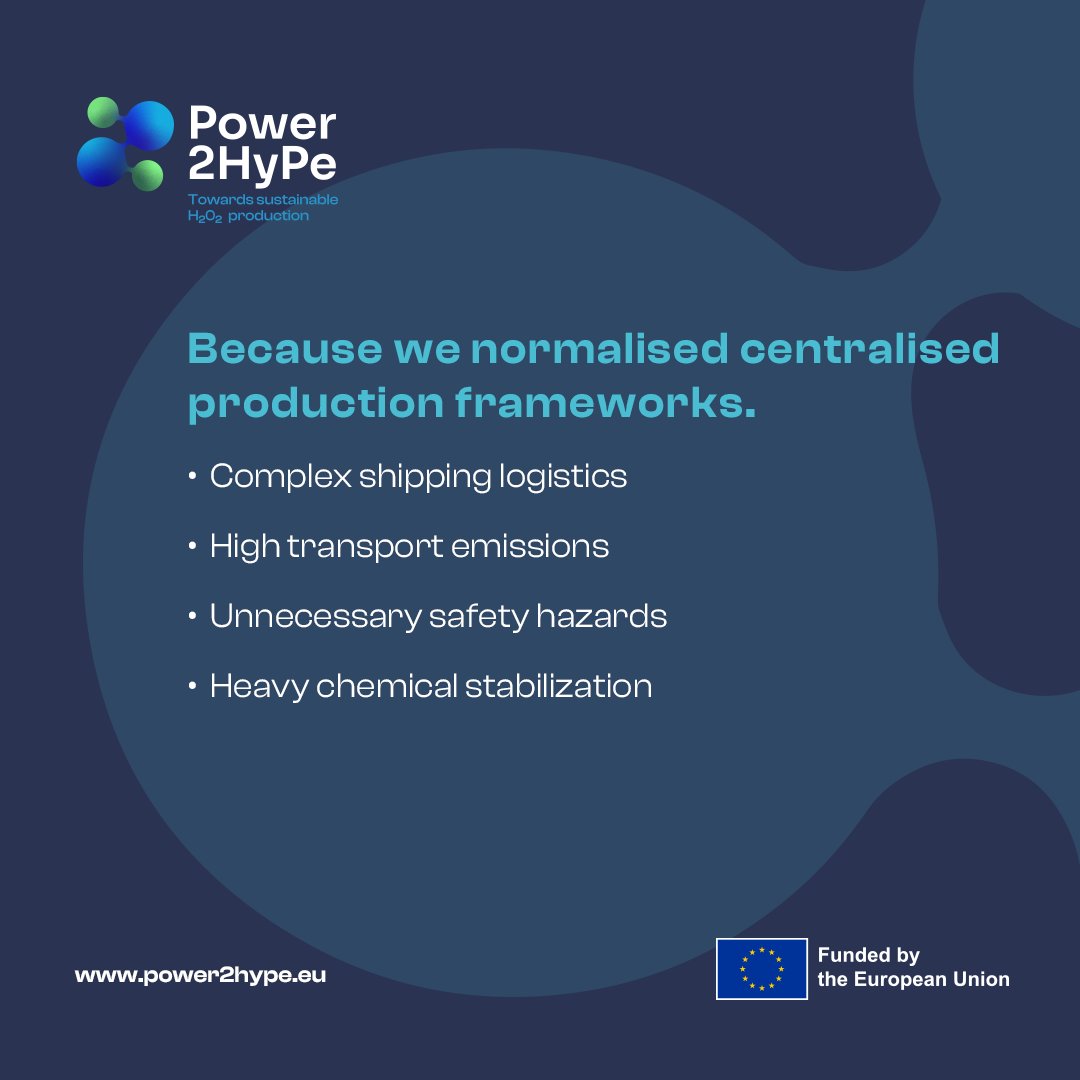 Power2HypeEU's tweet photo. Why do we ship unstable chemicals across the globe instead of making them where we need them? 🤔

Power2Hype is bypassing complex, fossil-heavy transport by redesigning H₂O₂ production to happen directly on-site, on-demand, and using local green energy. 🌍⚡

Discover how we are localising chemistry: https://t.co/1EDt1Zu3ku