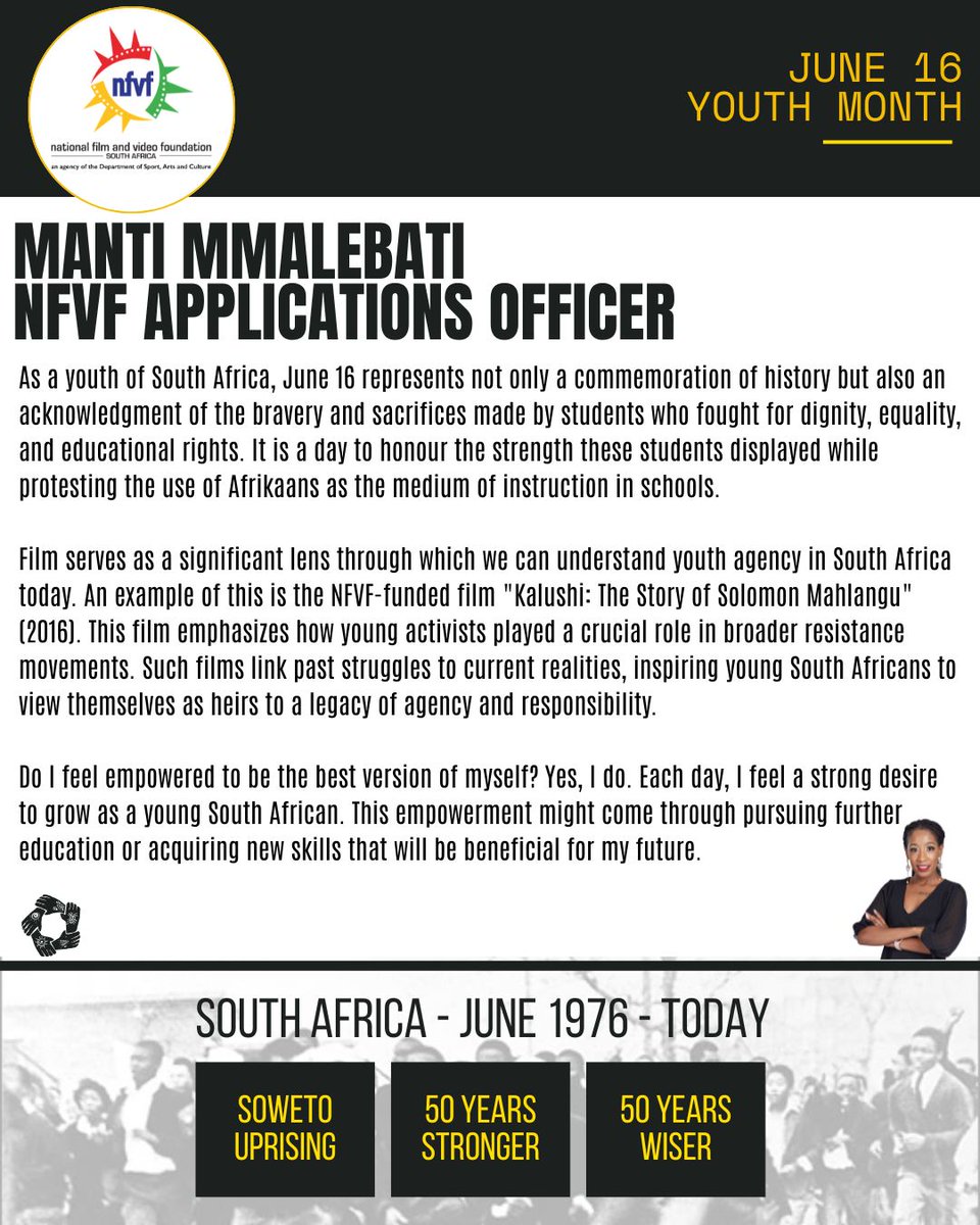 nfvfsa's tweet photo. 🔮NFVF Youth speak #50FORWARD🎞️
Manti Mmalebati is the NFVF Applications Officer. She shares her views on June 16 and the future of South African youth.
#50FORWARD #IAMCHANGE https://t.co/3YFDm79qfJ