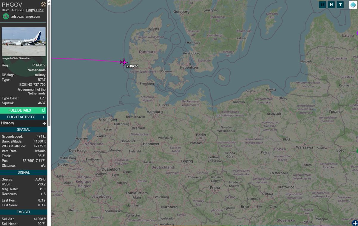 PolishMilRadar's tweet photo. 📅 24.06 🕒10:50LT -✈️🇳🇱 Holenderski B737 do Gdańska
🇳🇱 Rząd Holandii
✈️ Boeing 737-700(WL) BBJ "PH-GOV"
🛫 Port lotniczy Waszyngton-Dulles #KIAD | USA 🇺🇸
🛬 Port lotniczy Gdańsk #EPGD 🇵🇱
#PHGOV leci na wysokości FL410/12500 metrów
🔗https://t.co/MAYZoGwIpK
#POLMILRADAR https://t.co/pH6SW8usaW