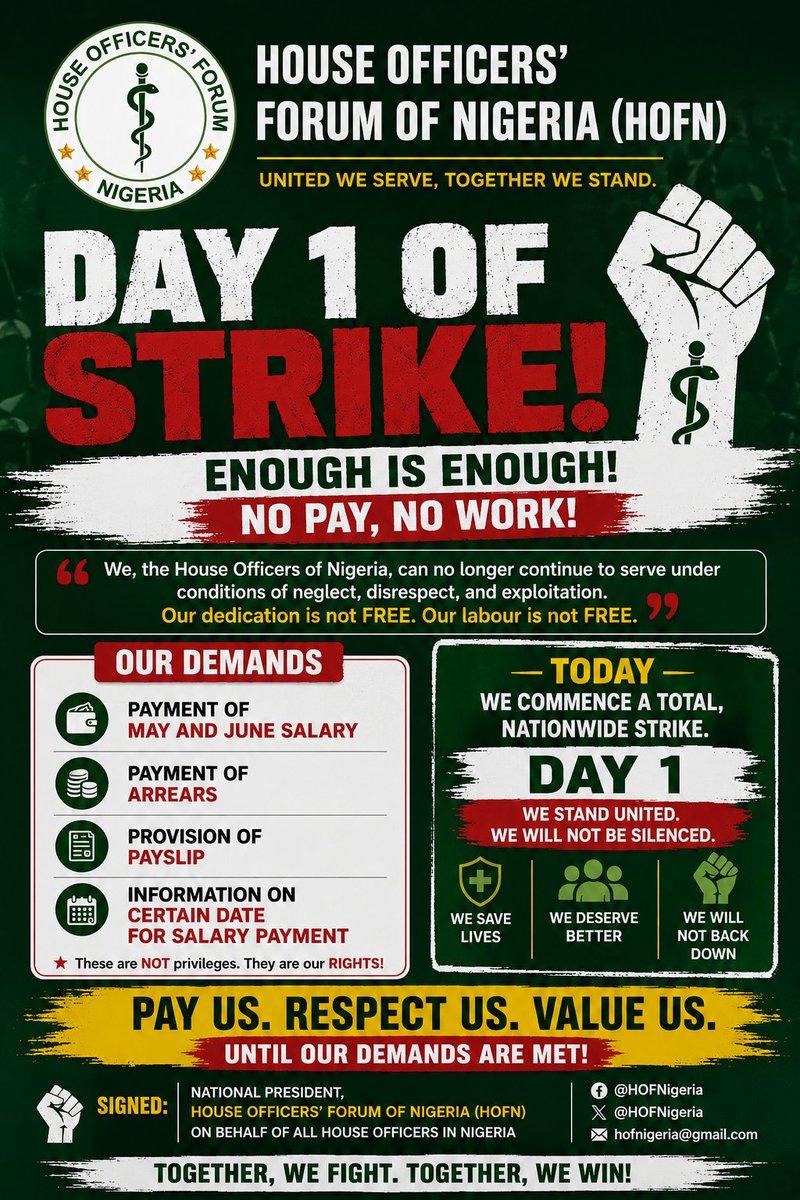 EmekuIheanyi's tweet photo. Good morning Comrades.

This is to reaffirm the Commencement of Our Nationwide Industrial Action Today, Wednesday, June 24, 2026, by 8:00am.

House Officers have not only suffered; they have been neglected, abandoned to fate. We ought not continue like this!!

It makes no sense that a house officer who works for almost the entire day, would have to borrow to buy bread.

How can the malnourished manage malnourishment in his patient?

I hereby enjoin us, with all passion, and without mincing words, to be strong and together on this!!
I assure us: we are winning already!

Don't be used as a tool against this strike. Don't be the suffering and smiling. Trust us, we have everything under control.

Stay at Home!!

 Dr. Emeku Iheanyi
National HO Rep/President, HOFN.