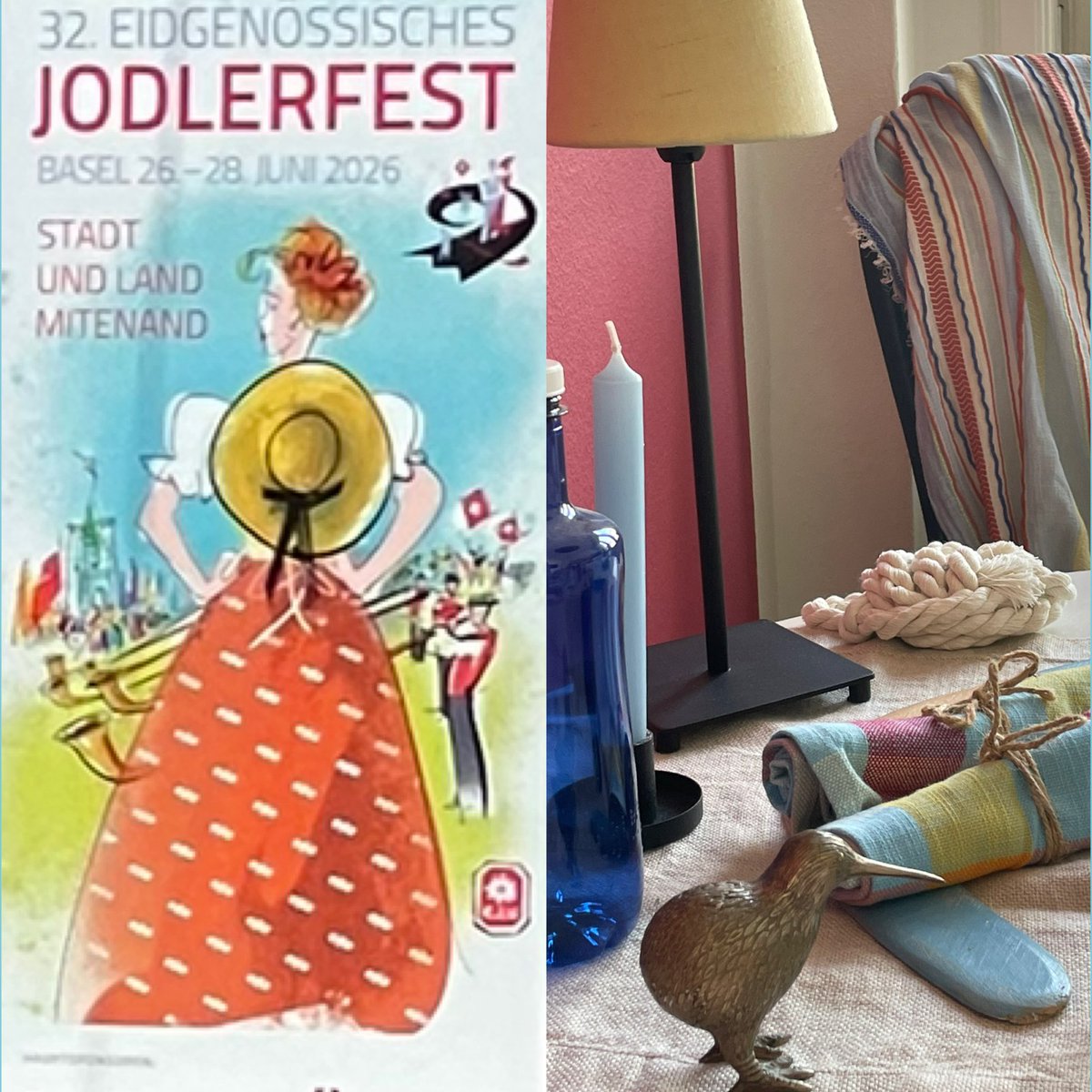 schaefershf's tweet photo. natürlich habe ich meine Deko auf dem Küchentisch den kommenden 3 Tagen Eidg. Jodlerfest in der Innerstadt angepasst, es seien auch Australien 🇦🇺 🪃und New Zealand 🇳🇿 🥝 in der Competition 🤫 … und zu meiner pers Freude ist am Freitagabend im Kleinbasel Summer Blues #thisisbasel https://t.co/4YbzpnmV6d