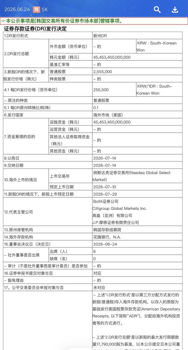 qinbafrank's tweet photo. SK海力士美股ADR发行细则及意义影响，SK海力士正式通过董事会决议，决定发行新股支持的ADR并在美国纳斯达克上市，看看细则：
1、发行类型与基本结构
1）类型：新股DR（신주DR），即通过发行新普通股、存入存托机构后，由海外存托银行发行ADR。普通股（无优先股）。
2）发行方式：第三方配售（third-party allocation）。新股直接存入海外存托机构，由Citibank发行ADR后，通过簿记建档（bookbuilding） 配售给海外机构投资者（主要是美国机构）。
3）ADR转换比率
1 ADR = 0.1 普通股（即 10 ADR = 1 股）。

2. 发行规模与定价参考值（均为参考值，最终以簿记建档结果为准）
1）最大新股发行数量：17,790,000 股（约占当前股本的2.5%左右）；
2）新股参考发行价：2,555,000 KRW/股（2026年6月23日收盘价）；
3）ADR参考发行价：255,500 KRW/ADR（约166 USD/ADR，按当前汇率）；
4）最大募集金额：约45.45万亿韩元），接近300亿美金。

3. 上市与时间表（参考日期，待最终确定）
1）上市交易所：纳斯达克全球精选市场（Nasdaq Global Select Market）。
2）计划ADR上市日期：2026年7月10日。
3）新股DR（底层股份）上市日期：2026年7月29日。
4（认购/缴款日期：2026年7月14日。
时间表非常紧凑，反映公司已完成前期准备（此前3月已向美国SEC机密提交Form F-1注册声明）。

4. 募集资金用途
全部用于半导体产能扩张（AI/HBM相关核心投资）：
1）勇仁（Yongin）半导体集群1期Fab建设投资。
2）清州（Cheongju）P&T7先进封装Fab建设、设备及附属费用。
3（机械设备购置——EUV扫描仪建设及设施投资。

对海力士来说，美股ADR上市的意义：
1）投资者基础扩大，直接吸引美国机构、被动基金（指数基金）、对冲基金等。成功后有望纳入费城半导体指数（SOX） 等，带来大量被动资金流入（类似TSMC、ASML的经验）。
2）估值重估：目前海力士在韩股交易，与Micron相比存在明显折价。美股ADR上市后，流动性提升、透明度增加，有望显著缩小估值差距。
3）战略意义：标志海力士从韩企向全球科技巨头升级，增强在AI内存赛道的话语权

但有一点需要注意，此前市场预期规模多在80-140亿美元左右，现在上限约300亿美元。对美股来说相当又是一轮大额IPO