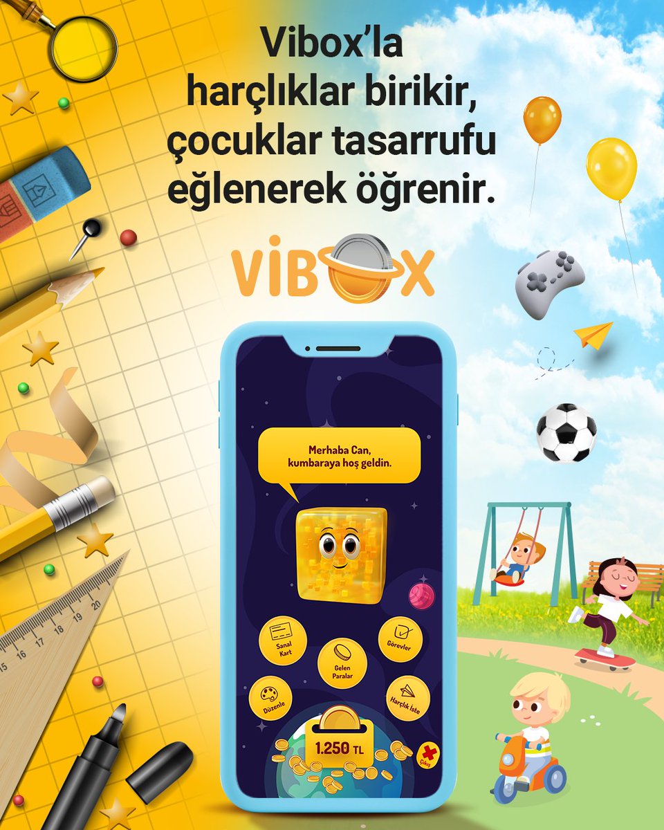 VakifBank's tweet photo. Biriktirmenin en keyifli hali Vibox! Çocuklar yaz tatiline girerken birikim yapmayı Vibox Dijital Kumbara ile eğlenerek öğreniyor. Detaylı bilgi için https://t.co/pAFcT48Dov sitemizi ziyaret edebilirsiniz. #DaimaSeninle #dijitalkolaylaştırır https://t.co/Tt7yPE4Qbs