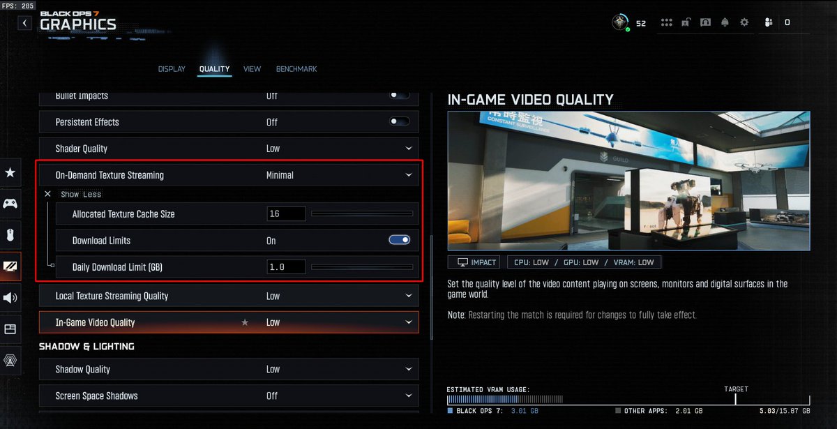 pursuitedx's tweet photo. If your connection feels fine but BO7 still keeps showing packet burst, check your texture streaming settings. 

Lower On-Demand Texture Streaming to Minimal, reduce the texture cache, and turn on download limits so the game is not constantly pulling extra data while you play. https://t.co/gzYD0thW8H
