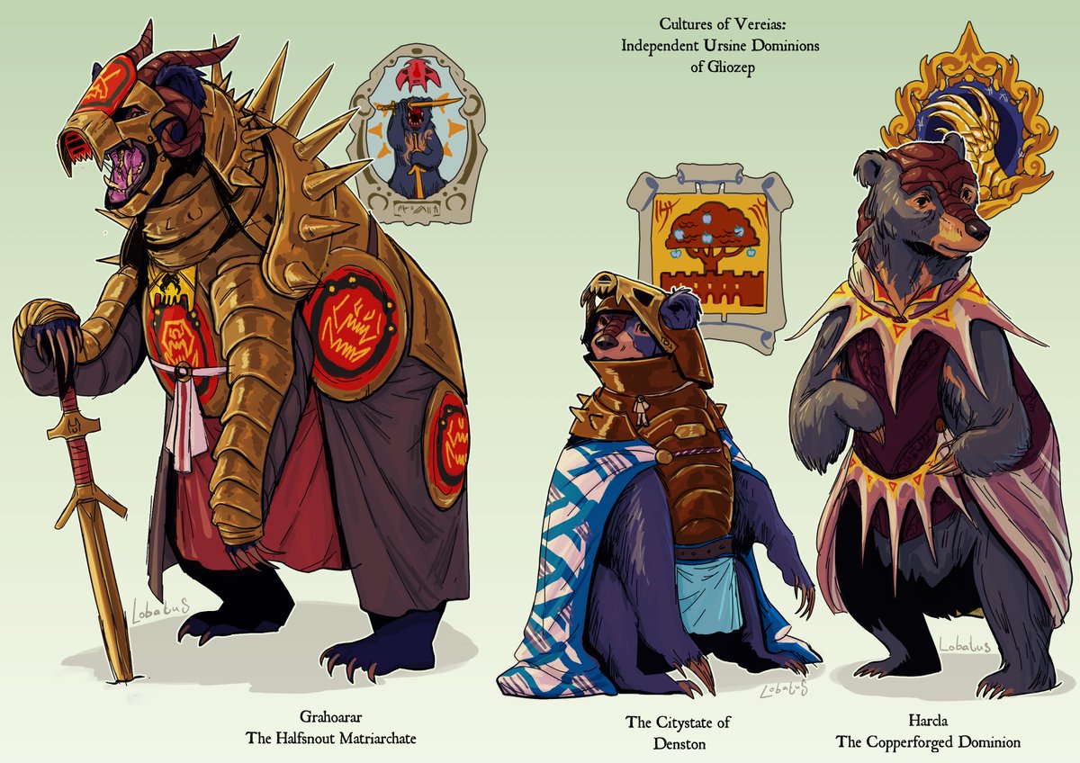 Lobatus1's tweet photo. All the Ursine, talking bear, cultures I've designed so far. Plus a cynocephalite dogperson, wearing their prized trophy of basilisk's skin and skull on their head. Quite the warrior that one https://t.co/5qb0Sl2y6h