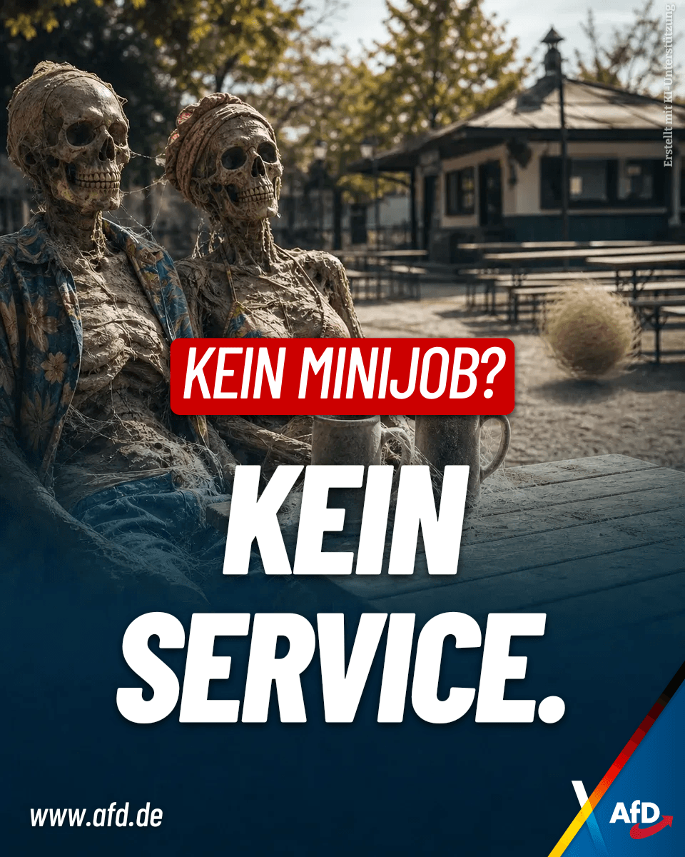 AfD's tweet photo. Die geplante Abschaffung der Minijobs bedroht Millionen Existenzen in Gastronomie und Handel. Diese unsoziale Politik vernichtet Arbeitsplätze und treibt die Schwarzarbeit massiv in die Höhe. Wir fordern den Erhalt der Minijobs und echte Entlastungen für Arbeitgeber und Arbeitnehmer.