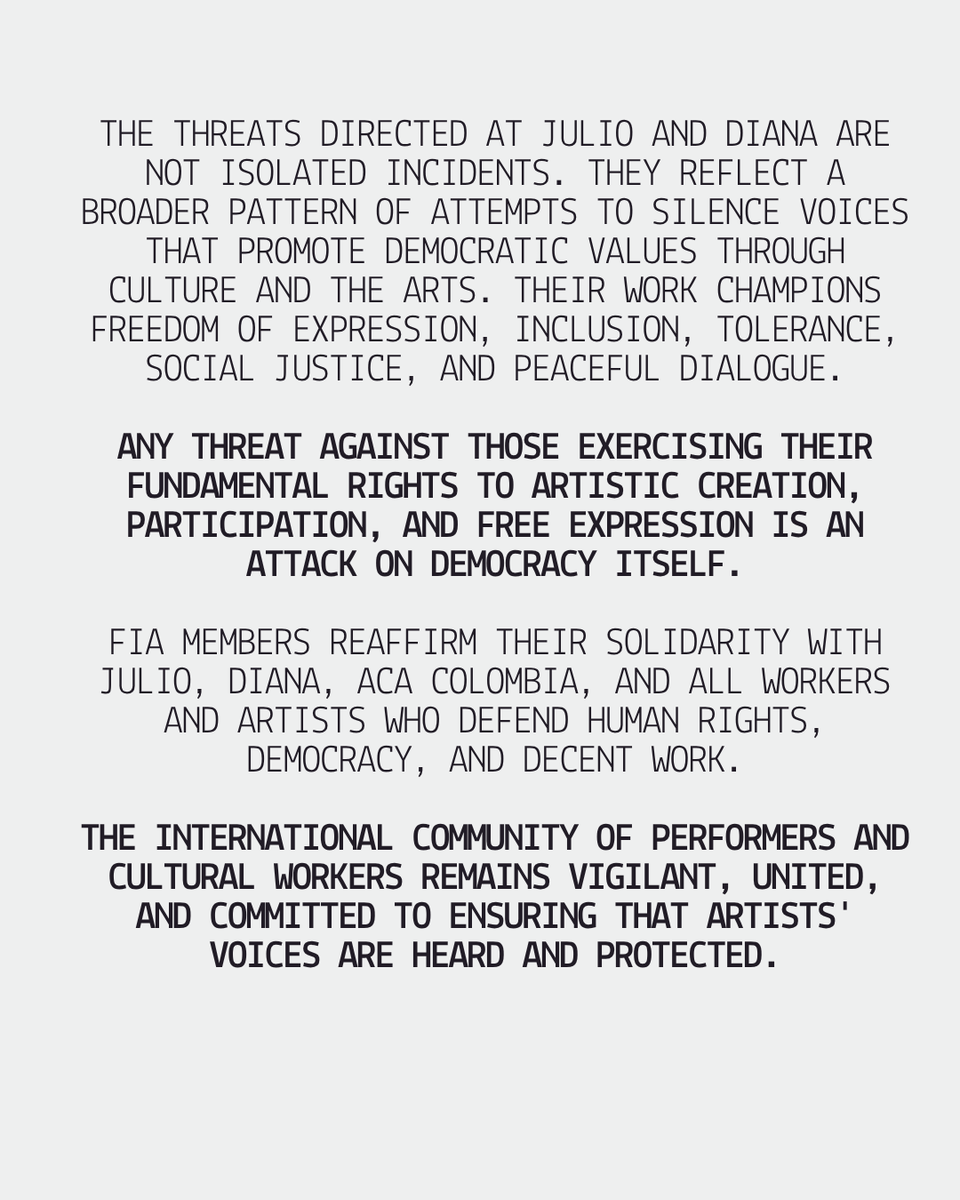 FIA_actors's tweet photo. FIA and its worldwide membership stand in full solidarity with Colombian actors and union leaders Julio Hernán Correal Triana and Diana María Soledad Ángel Rodríguez, who have been subjected to threats in a deeply troubling electoral climate https://t.co/stcdlcaFgL https://t.co/JydYQLHYHk