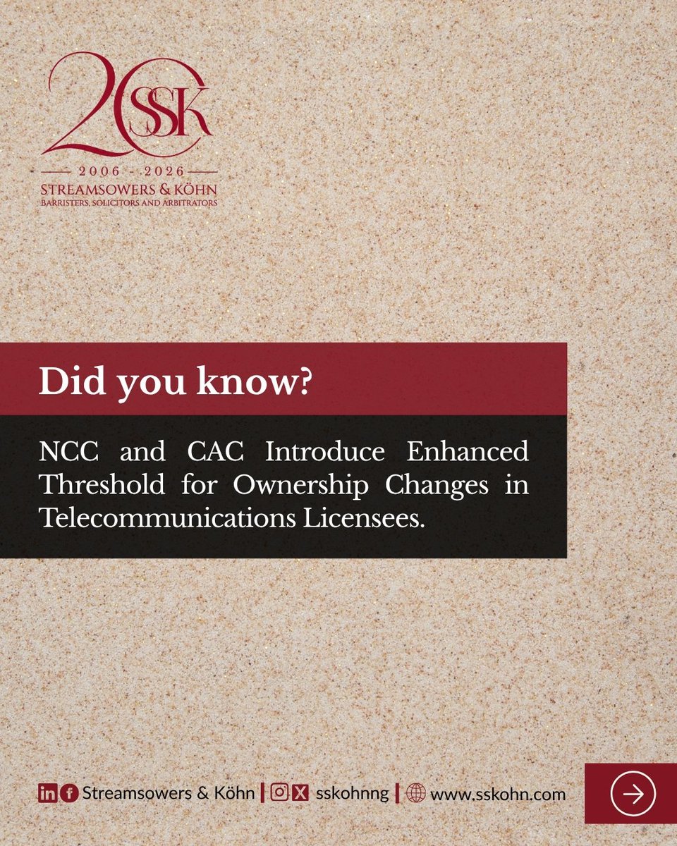 SSKohnNG's tweet photo. Did you know that NCC and CAC have introduced an enhanced threshold for ownership changes in Telecommunications Licensees?
Swipe to learn more.
#NCC #CAC #Telecomms #WeAreSSK https://t.co/Ysck2HZgRN