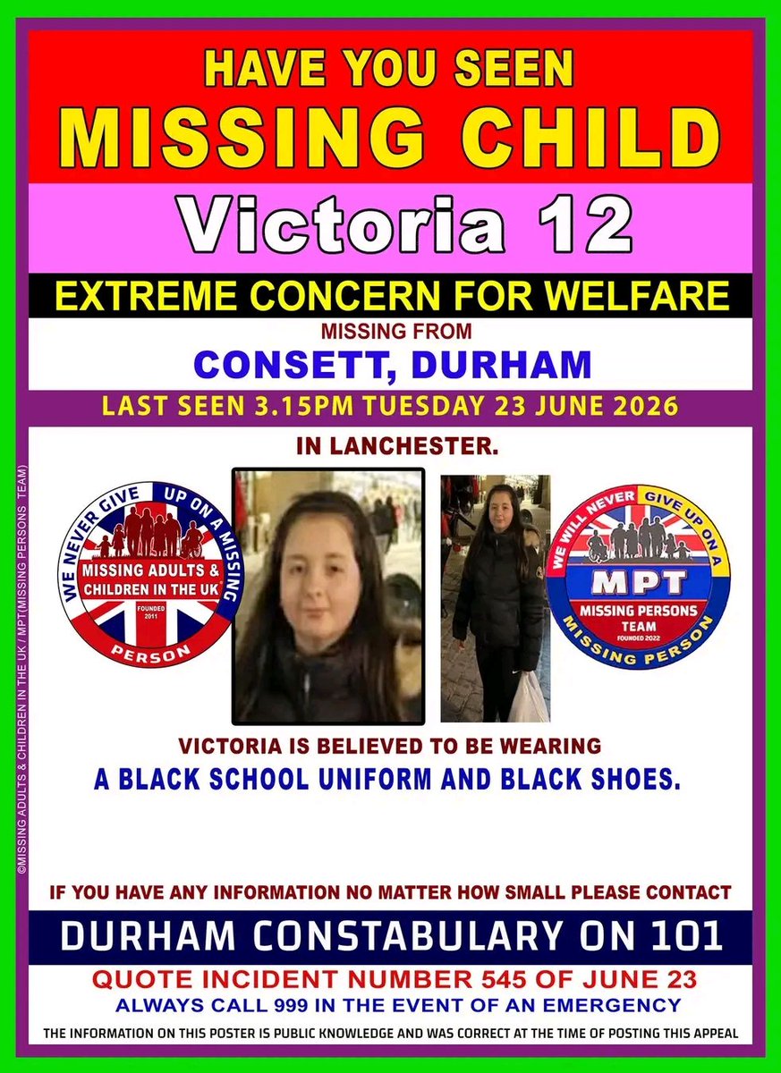 FreyjaBakke's tweet photo. Victoria 12 
CONSETT, DURHAM.
 LAST SEEN 3.15PM TUESDAY 23 JUNE 2026
This is now very urgent 
Please repost https://t.co/Qa9svkP7Sj