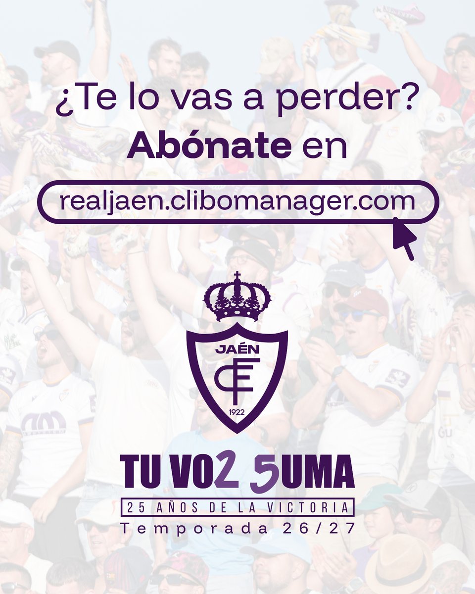 RealJaenCF's tweet photo. Ya conocemos a nuestros rivales… y ¡menudo grupo!

🔥 El Grupo 2 de Primera RFEF ya tiene nombres, y no es para menos que lo llamen el grupo de la muerte. 

Equipos históricos, aficiones de las grandes y partidos que prometen poner La Victoria patas arriba semana tras semana.

Cada partido va a ser un acontecimiento. Y tú puedes vivirlo todo desde dentro, sin perderte ni un solo minuto 💜

Esta temporada, en el 25.º aniversario de La Victoria, la grada va a empujar más fuerte que nunca. Tu voz suma 🗣️

¿Te lo vas a perder? Abónate en
https://t.co/v2i4ddQwPH 🌐,
en la tienda oficial o en las oficinas del estadio.

Nos vemos en La Victoria 💪

#RJ2627 #TuVozSuma