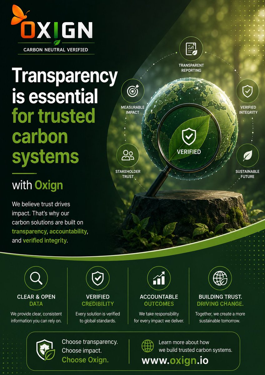 JoinOxign's tweet photo. Transparency is essential for trusted carbon systems #Oxign #GreenFinance #Oxign #ClimateChange #GreenBusiness #Sustainability #netzero #carboncredits #ecofriendly #ClimateAction https://t.co/FJSI4eqe0s https://t.co/h0DT048XMp