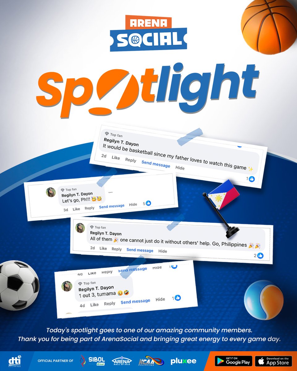 ArenaSocialPH's tweet photo. 🌟 ArenaSocial Spotlight 🌟

Today's spotlight shines on Regilyn T. Dayon for bringing positivity, support, and amazing energy to our community! 🇵🇭⚽🏀🎮

As our featured Spotlight member, you've earned 2 FREE tickets to a July concert of your choice! 🎟️🎟️✨
(Excluding EXO and ITZY concerts.)
Thank you for being an active part of ArenaSocial and making every game day more fun for everyone. 🧡💙

Keep predicting, keep supporting, and keep spreading good vibes you might just be our next Spotlight winner! 👀✨

Drop a 🧡 below to congratulate Regilyn!
#arenasocial