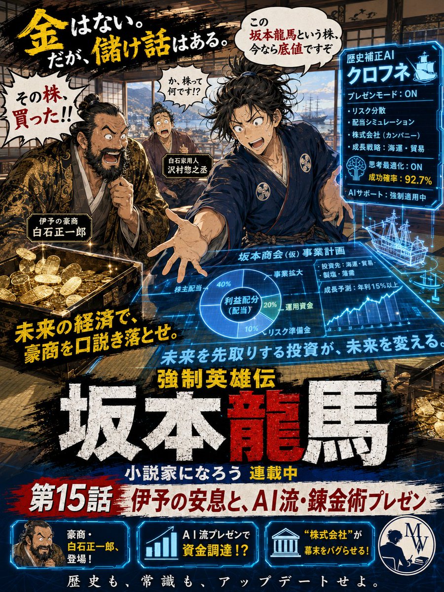 morikawa_works's tweet photo. 第１５話　伊予の安息と、ＡＩ流・錬金術プレゼン
更新しました。
坂本龍馬、今日も歴史補正AIに逆らえません。 逆らうと電流です。
『強制英雄伝　坂本龍馬』 【なろうリンク】
#小説家になろう #坂本龍馬 #幕末 #歴史コメディ
 https://t.co/dzGoAL9pxe https://t.co/GYKvcEpFv6