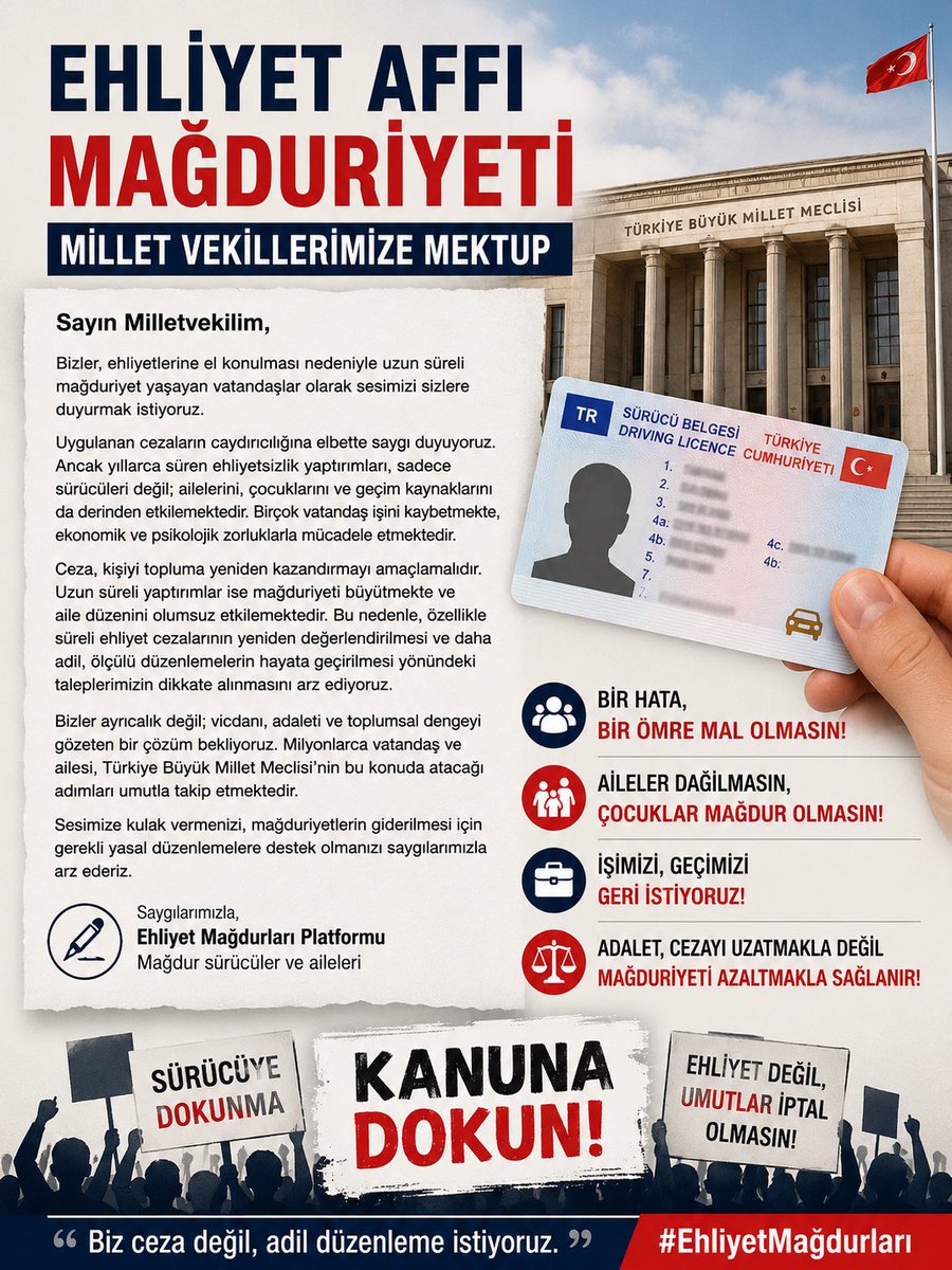 davut_ekici's tweet photo. @isamesihsahin @hbasriakdemir Ehliyetini kaybeden sadece bir sürücü değil; geçimini, umudunu ve geleceğe dair planlarını da kaybediyor. Milyonlarca ailenin sesi olmak için çağrımız nettir:

SürücüAffı ÖnergeyeEklensin
#EhliyetMağdurları
@isamesihsahin https://t.co/N2fOLOVuV7