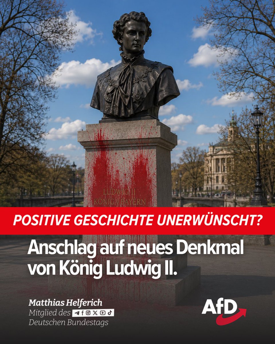 MatthiasMdb's tweet photo. Nur eine Woche nach seiner Enthüllung beschmierten Unbekannte das neue Denkmal des bayerischen „Märchenkönigs“ Ludwig II. in München mit „FCK KINI“- und „1312“-Schriftzügen. Bereits während des Baus fiel der fertiggestellte Sockel Vandalismus zum Opfer.

Ludwig II. – 1845 auf Schloss Nymphenburg in München geboren – regierte von 1864 bis 1886 als König von Bayern. Dabei war er Politiker, Kunstmäzen und Bauherr zugleich. Seiner Regentschaft haben wir märchenhafte Schlösser wie Neuschwanstein, Linderhof und Herrenchiemsee zu verdanken.

Ludwig II. fasziniert die Menschen – auch durch seinen mysteriösen Tod im Starnberger See – bis heute als Märchenkönig weit über Bayern hinaus. So verwundert es nicht, dass durch bürgerschaftliches Engagement über 220.000 Euro zusammengetragen wurden, um Ludwig II. ein neues Denkmal in München zu setzen, nachdem seine 1910 erbaute Bronzestatue im Verlauf des Zweiten Weltkriegs eingeschmolzen wurde.

Das Denkmal wurde als „romantische Ruine“ mit Original-Steinfragmenten des Denkmals von 1910 konzipiert. Insgesamt ist es Ausdruck einer Erinnerungskultur, die positiv auf die eigene Geschichte und ihre Errungenschaften blickt. Wie es scheint, zu positiv für linke Gemüter, legt der „1312“-Schriftzug doch einen linksextremen Hintergrund nahe.

Allen Bemühungen linker Kulturkämpfer zum Trotz wird sich ein positiver Bezug zum Eigenen wieder durchsetzen.