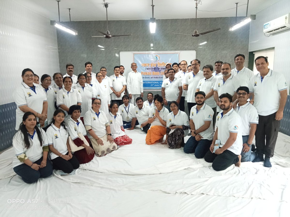 PawanHansLtd's tweet photo. International Yoga Day 2026 | Pawan Hans Ltd., WR Mumbai
Pawan Hans Ltd., Western Region, Mumbai, celebrated International Yoga Day 2026 in association with the Brahma Kumaris. Employees enthusiastically participated in the session, embracing the spirit of holistic well-being, mindfulness, and healthy living.
Together, we reaffirm our commitment to a healthier, happier, and more productive workplace through the practice of yoga @MoCA_GoI