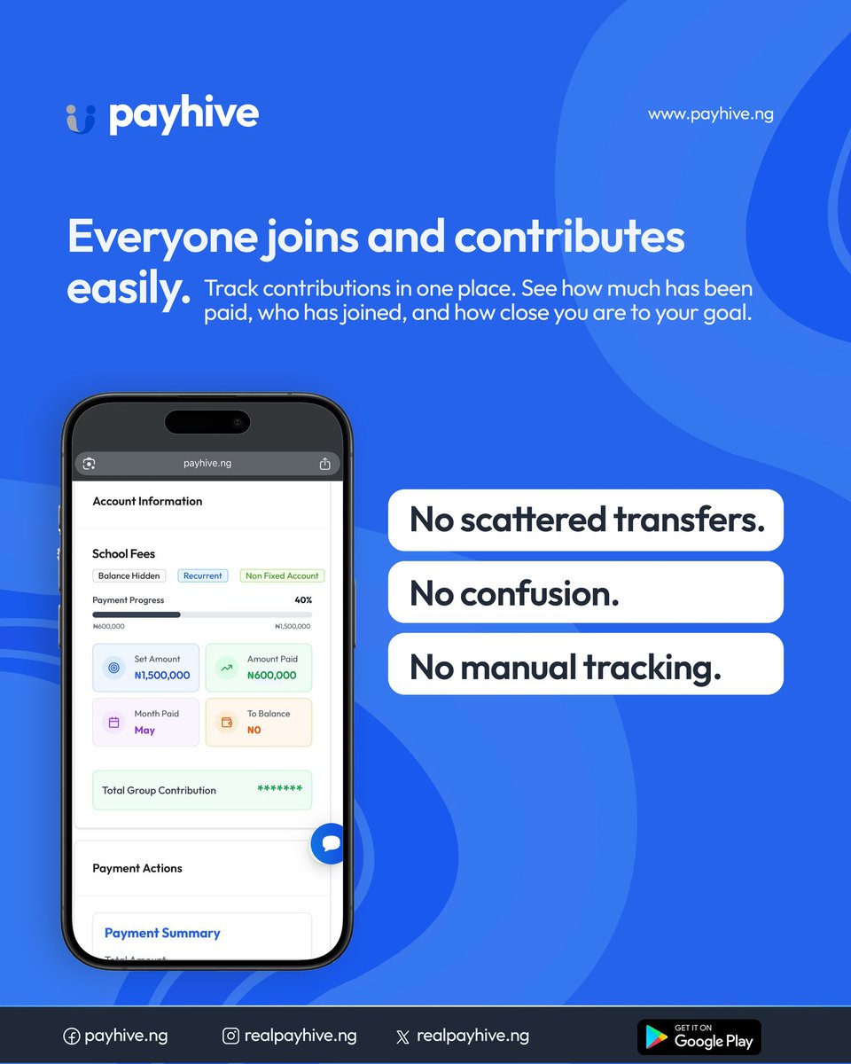 realpayhive's tweet photo. Big goals are easier when everyone can play a part.

Save together. Save Transparently.

#PayHive #GroupSavings #CommunityFinance #FinancialTransparency #DigitalPayments #FintechAfrica #SmartSaving #FamilyFinance https://t.co/mFks3tdlRy