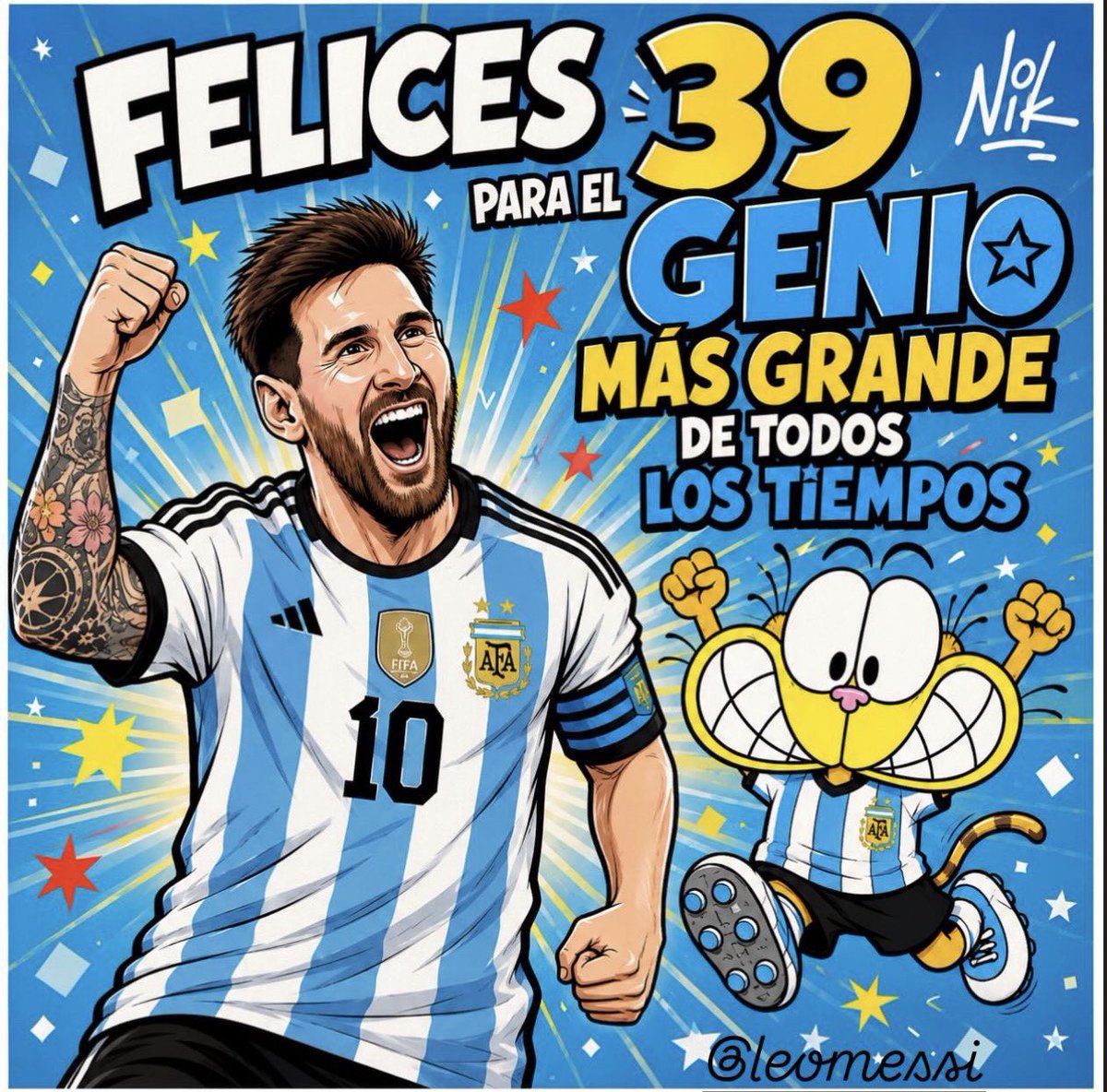 Nikgaturro's tweet photo. ¡Feliz Cumple Capitán! Leo Messi el mejor de todos los tiempos!! Felices 39!! #BuenMiercoles https://t.co/290ppk0bdR
