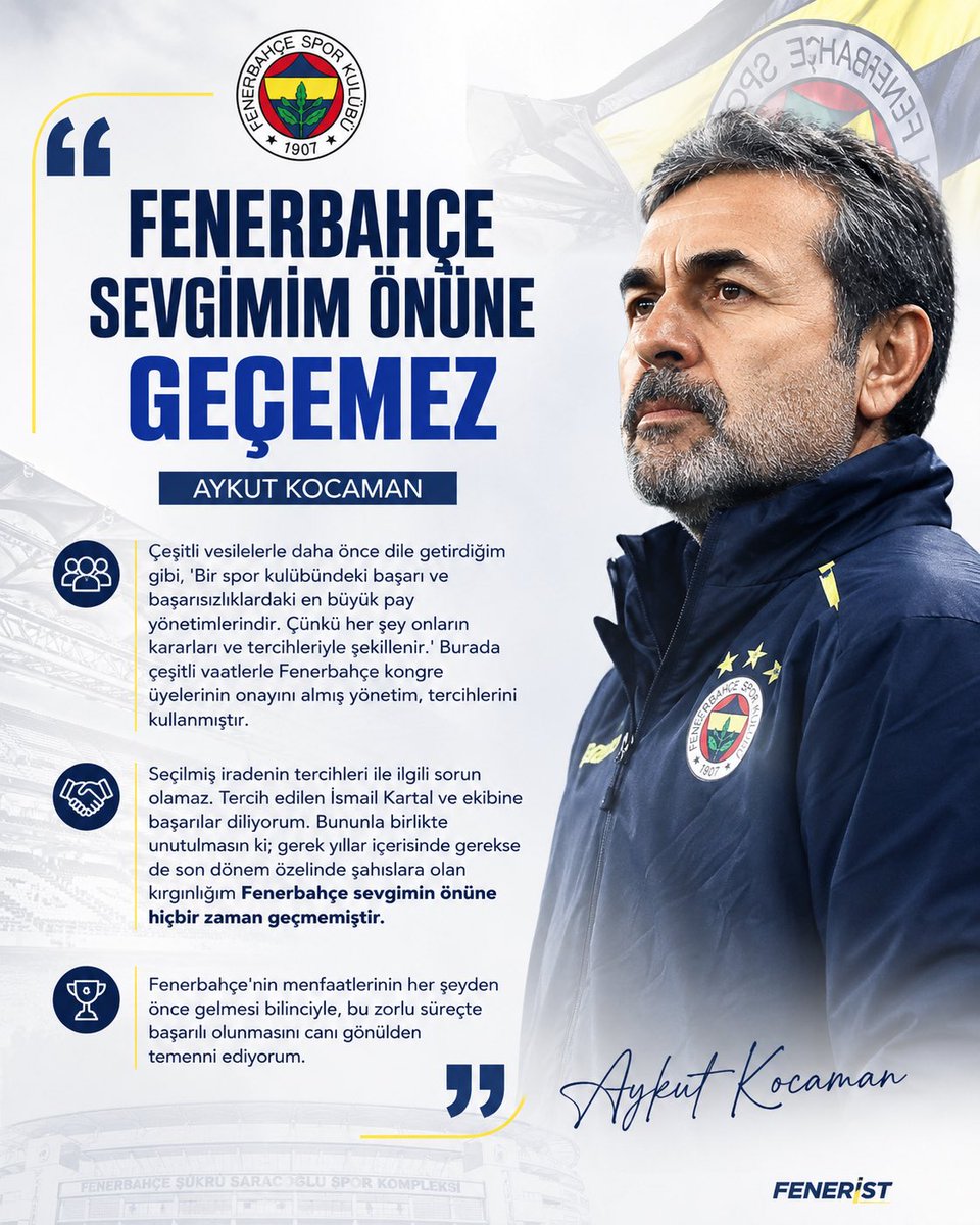 Feneristcom's tweet photo. FENERBAHÇE SEVGİMİN ÖNÜNE GEÇEMEZ

Çeşitli vesilelerle daha önce dile getirdiğim gibi, 'Bir spor kulübündeki başarı ve başarısızlıklardaki en büyük pay yönetimlerindir. Çünkü her şey onların kararları ve tercihleriyle şekillenir.' Burada çeşitli vaatlerle Fenerbahçe kongre üyelerinin onayını almış yönetim, tercihlerini kullanmıştır.

Seçilmiş iradenin tercihleri ile ilgili sorun olamaz. Tercih edilen İsmail Kartal ve ekibine başarılar diliyorum. Bununla birlikte unutulmasın ki; gerek yıllar içerisinde gerekse de son dönem özelinde şahıslara olan kırgınlığım Fenerbahçe sevgimin önüne hiçbir zaman geçmemiştir.

Fenerbahçe'nin menfaatlerinin her şeyden önce gelmesi bilinciyle, bu zorlu süreçte başarılı olunmasını canı gönülden temenni ediyorum."