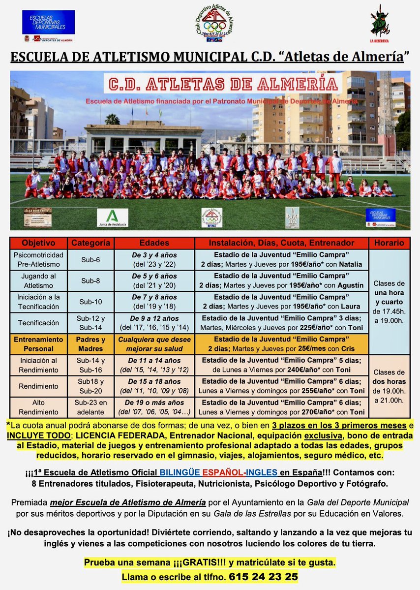 AtletasAlmeria's tweet photo. https://t.co/6MzviIpPNz
Ya tenemos organizados los grupos de nuestra Escuela de Atletismo para el curso 2026/2027.
Apúntate a la mejor Escuela de Atletismo de la historia de nuestra provincia 🏴󠁧󠁢󠁥󠁮󠁧󠁿💪🏽😃
Los peques empiezan el jueves 10/09/2026 y los mayores seguimos todo el verano https://t.co/IRrHeH8gK4