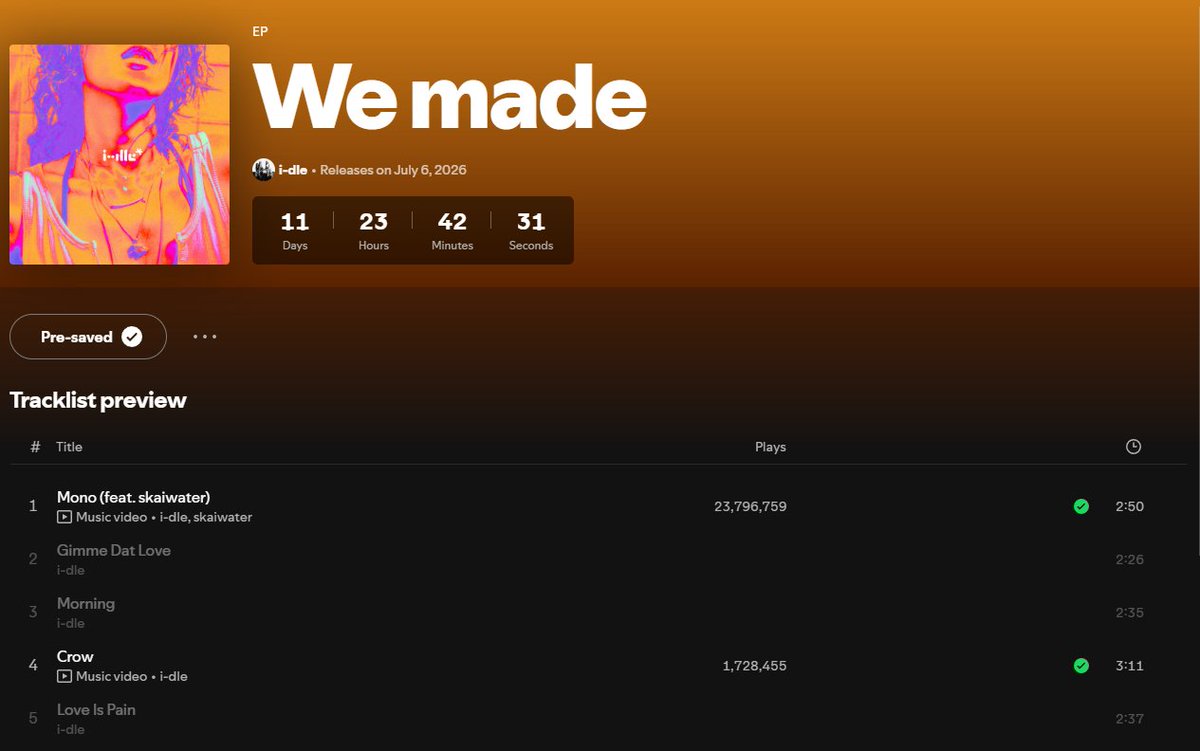 aideulverse's tweet photo. 'We made' song length reveal 👀

Gimme Dat love (title) - 2:26
Morning - 2:35
Love Is Pain - 2:37

pre-save here:
🔗https://t.co/of8XmGQn1g https://t.co/Qr0NLUtdKy