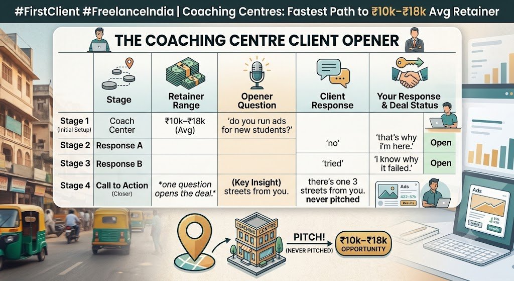 Granesh_X's tweet photo. coaching centres = fastest first client
avg retainer: ₹10k–₹18k
opener:
“do you run ads for new students?”
no → “that’s why i’m here.”
tried → “i know why it failed.”
one question opens the deal.
there’s one 3 streets from you. never pitched.
#FirstClient #FreelanceIndia https://t.co/y7fouhE2Cx