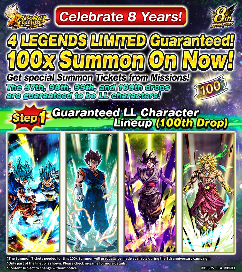 DB_Legends's tweet photo. ／
Celebrate 8 Years! 
4 LEGENDS LIMITED Guaranteed! 
100x Summon Is On!
＼

Clear Missions for special Summon Tickets!
LL characters are guaranteed on the 97th, 98th, 99th, and 100th drops!

Check the in-game notice for details!

#UnpredictableDBL8th
#DBLegends https://t.co/uCBpFecBss