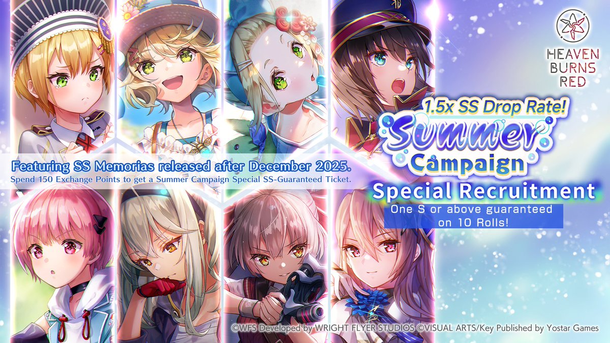 hbr_official_en's tweet photo. 1.5x SS Drop Rate! Summer Campaign Special Recruitment Preview

📅 Recruitment Duration:
6/26 post maintenance ~ 7/23 23:59 (UTC-7)

This recruitment features SS Memorias released after December 2025. You can spend 150 Exchange Points to get a Summer Campaign Special SS-Guaranteed Ticket.

👉 For more details, please check the in-game notice.

#HeavenBurnsRed #Yostar