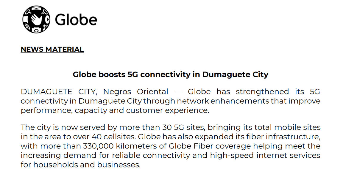 aeojose's tweet photo. Globe Telecom, Inc. is further boosting its 5G network in Dumaguete City through additional cell sites and expansion of its fiber infrastructure to meet growing connectivity demand in the area. @bworldph https://t.co/4mlXv7ZDqY