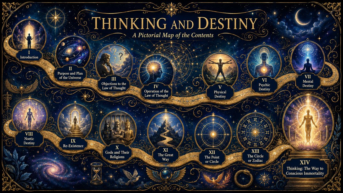 dandoinit's tweet photo. From the Book "Thinking & Destiny" by Harold Waldwin Percival https://t.co/DKEWOnm5Wl 1946 by Harold W. Percival Copyright 1974 by The Word Foundation, Inc. All rights reserved, including the right to reproduce this book or portions thereof in any form.
TABLE OF CONTENTS - THINKING AND DESTINY

Simplified Table of Contents

Chapter I — Introduction

Chapter II — The Purpose and Plan of the Universe

There is a purpose and a plan in the Universe.
The law of thought.
Religions.
The soul.
Theories concerning the destiny of the soul.
The soul.
Outline of a system of the Universe.
Time.
Space.
Dimensions.
Plan relating to the earth sphere.
Transition of a breath-form unit to the state of aia.
Eternal Order of Progression.
The Government of the world.
The “fall of man.”
Regeneration of the body.
Passage of a unit from the nature-side to the intelligent-side.
Chapter III — Objections to the Law of Thought
The law of thought in religions and in accidents.
An accident is an exteriorization of a thought.
Purpose of an accident.
Explanation of an accident.
Accidents in history.
Religions.
Gods.
Their claims.
The need of religions.
The moral code.
The wrath of God.
The destiny of humanity.
The innate faith in justice.
The story of original sin.
The moral code in religions.
Chapter IV — Operation of the Law of Thought
Matter.
Units.
An Intelligence.
A Triune Self.
A human being.
Mind.
Thinking.
A thought is a being.
The atmospheres of the Triune Self.
How thoughts are generated.
Course and exteriorization of a thought.
The innate idea of justice.
The law of thought.
Exteriorizations and interiorizations.
Psychic, mental, and noetic results.
The power of thought.
Balancing a thought.
Cycles.
How exteriorizations of a thought are brought about.
Agents of the law.
Hastening or delaying destiny.
Duties of a human being.
Responsibility.
Conscience.
Sin.
The law of thought.
Physical, psychic, mental, and noetic destiny.
Chapter V — Physical Destiny
What physical destiny includes.
Outward circumstances as physical destiny.
Physical heredity is destiny.
Healthy or sickly bodies.
Unjust persecutions.
Errors of justice.
Congenital idiots.
The span of life.
Manner of death.
Money.
The money god.
Poverty.
Reversals.
The born thief.
There is no accident of wealth or inheritance.
Group destiny.
Rise and fall of a nation.
The facts of history.
Agents of the law.
Religions as group destiny.
Why a person is born into a religion.
The Government of the world.
How the destinies of the individual, the community, or the nation are made by thinking.
How destiny is administered.
Possible chaos in the world.
Intelligences govern the order of events.
Chapter VI — Psychic Destiny
Form destiny.
Strictly psychic destiny.
Six classes of psychic destiny.
The aia.
The breath-form.
Prenatal influences.
Conception.
Fetal development.
Thoughts of the mother.
Inheritance of former thoughts.
The first few years of life.
Psychic inheritance.
Mediumship.
Materializations.
Seances.
Clairvoyance.
Psychic powers.
Pranayama.
Psychic phenomena by wonder-workers.
Personal magnetism.
Vibrations.
Colors.
Astrology.
Religions as psychic destiny.
Psychic destiny comprises government and institutions.
Psychic destiny comprises party and class spirits.
Habits, customs and fashions are psychic destiny.
Gambling.
Drinking.
The spirit of alcohol.
Gloom.
Pessimism.
Malice.
Fear.
Hope.
Joyousness.
Trust.
Ease.
Sleep.
Dreams.
Nightmares.
Obsessions in dreams.
Deep sleep.
Time in sleep.
Hallucinations.
Somnambulism.
Hypnosis.
The process of dying.
Cremation.
To be conscious at the moment of death.
After death.
Communications with the dead.
Apparitions.
The doer becomes conscious that its body has died.
The twelve stages of the doer, from one earth life to the next.
After death the doer leads a composite life.
The judgment.
Hell is made by desires.
The devil.
Heaven is a reality.
Re-existence of the succeeding doer portion.
Chapter VII — Mental Destiny
The mental atmosphere of the human.
An Intelligence.
The Triune Self.
The three orders of Intelligences.
The Light of the Intelligence.
Real thinking.
Active thinking.
Passive thinking.
The three minds of the doer.
Rightness-and-reason.
The seven minds of the Triune Self.
A human thought is a being and has a system.
Exteriorizations of a thought.
Human thinking goes along beaten paths.
Character of the mental atmosphere of the human.
Moral aspect of thinking.
The ruling thought.
Mental attitude and mental set.
Sense-knowledge and self-knowledge.
Conscience.
Honesty of the mental atmosphere.
Results of honest thinking.
Dishonest thinking.
Thinking a lie.
Responsibility and duty.
Sense-learning and sense-knowledge.
Doer-learning and doer-knowledge.
Intuition.
Genius.
The four classes of human beings.
Conception of a Beginning.
The permanent physical world or Realm of Permanence, and the four earths.
The trial test of the sexes.
The “fall” of the doer.
Doers became subject to re-existence in man and woman bodies.
Prehistoric history.
First, Second, and Third Civilization on the human earth.
Fallen doers from inside the earth.
A Fourth Civilization.
Wise men.
Rises and falls of cycles.
Rise of the latest cycle.
The forms of nature come through the breath-forms of human beings.
There is progression, but no evolution.
The entities in animal and plant forms are cast off feelings and desires of man.
The entities in vermin, in flowers.
History of the kingdoms of nature.
Creation by breath and speech.
Thinking under the type of two.
The human body is the pattern of the kingdoms of nature.
The intelligence in nature.
This is an age of thought.
Schools of thought.
Mysticism.
Spiritism.
Schools of thought that use thinking to produce directly physical results.
Mental healing.
Thoughts are the seeds of a disease.
Purpose of a disease.
The real cure.
About schools of thought to banish disease and poverty.
Thinking against a disease.
Other ways of mental healing.
There is no escape from payment and from learning.
Mental healers and their procedures.
Faith.
Animal magnetism.
Hypnotism.
Its dangers.
Trance states.
Painless injuries inflicted, while in trance.
Self-hypnosis.
Recovery of forgotten knowledge.
Self-suggestion.
Intentional use of passive thinking.
Examples of a formula.
The Eastern Movement.
Eastern record of knowledge.
Degeneration of the ancient knowledge.
The atmosphere of India.
The breath.
What the breath does.
The psychic breath.
The mental breath.
The noetic breath.
The fourfold physical breath.
Pranayama.
Its dangers.
The system of Patanjali.
His eight steps of yoga.
Ancient commentaries.
Review of his system.
Inner meaning of some Sanskrit words.
The ancient teaching of which traces survive.
What the West wants.
The Theosophical Movement.
The teachings of Theosophy.
States of the human being in deep sleep.
Mental destiny in the after death states.
The round of twelve stages from life to life.
Hells and heavens.
Chapter VIII — Noetic Destiny
Knowledge of the conscious self in the body.
The noetic world.
Self-knowledge of the knower of the Triune Self.
When knowledge of the conscious self in the body is available to the human.
The test and trial of the sexes.
Projection of a female form.
Illustrations.
History of the Triune Self.
The Light of the Intelligence.
The Light in the knower of the Triune Self.
The Light in the thinker.
The Light in the doer.
The Light that has gone into nature.
The intelligence in nature comes from human beings.
The pull of nature for Light.
Loss of Light into nature.
Automatic return of Light from nature.
The lunar germ.
Self-control.
Reclamation of Light by self-control.
Loss of the lunar germ.
Retention of the lunar germ.
The solar germ.
Divine, or “immaculate,” conception in the head.
Regeneration of the physical body.
Hiram Abiff.
Origin of Christianity.
Three degrees of Light from Intelligences.
Thinking without creating thoughts or destiny.
Bodies for the doer, the thinker, and the knower of the Triune Self, within the perfect physical body.
Free will.
The problem of free will.
Chapter IX — Re-Existence
Recapitulation.
Make-up of a human being.
The Triune Self.
The Light of the Intelligence.
A human body as the link between nature and the doer.
Death of the body.
The doer after death.
Re-existence of the doer.
Four kinds of units.
Progression of units.
Raising of the aia to be a Triune Self in the Realm of Permanence.
Duty of its doer, in the perfect body.
Feeling-and-desire produced a change in the body.
The twain, or dual body.
Trial and test of bringing feeling-and-desire into balanced union.
The “fall of man,” i.e. the doer.
Changes in the body.
Death.
Re-existence in a male or a female body.
The doers now on earth.
Circulations of units through the bodies of humans.
Fourth Civilization.
Changes on the earth crust.
Forces.
Minerals, plants and flowers.
The varied types were produced by human thoughts.
Fourth Civilization.
Lesser civilizations.
Fourth Civilization.
Governments.
Ancient teachings of the Light of the Intelligence.
Religions.
The doers now on earth came from a prior earth age.
Failure of the doer to improve.
The story of feeling-and-desire.
The spell of the sexes.
The purpose of re-existences.
Importance of the flesh body.
Reclamation of Light.
Death of the body.
Wanderings of the units.
Return of units to a body.
The doer-in-the-body.
Error in the conception of “I.”
The personality and re-existence.
The doer portion after death.
The portions not in the body.
How a doer portion is drawn out for re-existence.
The thoughts summarized at moment of death.
Events determined then, for the next life.
The flare-up in classic Greece.
Something about the Jews.
The stamp of a God at birth.
Family.
The sex.
Cause of changing the sex.
Also predetermined is the kind of body.
Physical heredity and how it is limited.
Chief mundane occupations.
Diseases.
The chief events in life.
How destiny can be overcome.
The time between existences.
About the heavenly bodies.
Time.
Why people fit into the age in which they live.
Everything after death is destiny.
Inventors.
Classic Hellas.
Re-existence in nation groups.
Centers of succeeding civilizations.
Greece.
Egypt.
India.
Training of the doer portion though memory is not present.
The body-mind.
Doer-memory.
Sense-memory.
A good memory.
Memory after death.
Why it is fortunate that the human does not remember previous existences.
The training of the doer.
A human thinks of himself as a body with a name.
To be conscious of and as.
The false “I” and its illusions.
When re-existences of a doer portion stop.
A “lost” doer portion.
The hells inside the earth crust.
The lecherous.
The drunkards.
Drug fiends.
The state of a “lost” doer.
Regenerating the physical body.
The test in which the doers failed.
Summary of preceding chapters.
Consciousness is the One Reality.
Man as the center of the world of time.
Circulations of the units.
Permanent institutions.
Records of thoughts are made in points.
The destiny of human beings is written in the starry spaces.
Balancing a thought.
Cycles of thinking.
Glamour in which things are seen.
Sensations are elementals.
Why nature seeks the doer.
Illusions.
The essential things in life.
Chapter X — Gods and Their Religions
Religions.
On what they are founded.
Why belief in a personal God.
Problems a religion must meet.
Any religion is better than none.
Classes of Gods.
The Gods of religions.
How they come into existence.
How long they last.
Appearance of a God.
Changes of a God.
Gods have only what human beings have who create and keep them.
The name of a God.
Christian Gods.
The human qualities of a God.
The knowledge of a God.
His objects and interests.
Relations of a God.
The moral code.
Flattery.
How Gods lose their power.
What a God can do for his worshippers.
What he cannot do.
After death.
Unbelievers.
Prayer.
Benefits of a belief in a God.
Seeking God.
Prayer.
Outside teachings and the inner life.
Inner teachings.
Twelve types of teachings.
Jehovah worship.
The Hebrew letters.
Christianity.
St. Paul.
The story of Jesus.
Symbolic events.
The Kingdom of Heaven.
The Kingdom of God.
The Christian Trinity.
Interpretation of Bible sayings.
The story of Adam and Eve.
The trial and test of the sexes.
“Fall of man.”
Immortality.
St. Paul.
Regeneration of the body.
Who and what was Jesus?
Mission of Jesus.
Jesus, a pattern for man.
The order of Melchisedec.
Baptism.
The sexual act, the original sin.
The Trinity.
Entering the Great Way.

Chapter XI — The Great Way

The “Descent” of man.
There is no evolution without, first, involution.
The mystery of germ cell development.
The future of the human.
The Great Way.
Brotherhoods.
Ancient Mysteries.
Initiations.
Alchemists.
Rosicrucians.
The Triune Self complete.
The Threefold Way, and the three paths of each Way.
The lunar, solar, and light germs.
Divine, “immaculate,” conception.
The form, life, and light paths of The Way in the body.
The Way of thinking.
Honesty and truthfulness as the foundation of progress.
Physical, psychic, mental requirements.
Changes in the body in the process of regeneration.
Entering The Way.
A new life opens.
Advances on the form, life, and light paths.
The lunar, solar, and light germs.
Bridge between the two nervous systems.
Further changes in the body.
The perfect, immortal, physical body.
The three inner bodies for the doer, the thinker, the knower of the Triune Self, within the perfect physical body.
The Way in the earth.
The ongoer leaves the world.
The form path.
What he sees there.
Shades of the dead.
“Lost” portions of doers.
The choice.
The ongoer on the life path.
On the light path, in the earth.
He knows who he is.
Another choice.
Preparing oneself to enter upon The Way.
Honesty and truthfulness.
The regenerative breath.
The four stages in thinking.
Chapter XII — The Point or Circle
Creation of a thought.
Method of thinking by building within a point.
Human thinking.
Thinking done by Intelligences.
Thinking which does not create thoughts, or destiny.
Method of thinking in fashioning nature.
The forms of nature come from human thoughts.
Pre-chemistry.
The constitution of matter.
Units.
Erroneous conceptions.
Dimensions.
The heavenly bodies.
Time.
Space.
Chapter XIII — The Circle or Zodiac
Geometrical symbols.
The Circle with the Twelve Nameless Points.
The value of the zodiacal symbol.
What the zodiac and its twelve points symbolize.
The zodiac related to the human body.
The zodiac related to the Triune Self.
The zodiac related to the Intelligence.
The zodiac reveals the purpose of the Universe.
The zodiac as a historical and prophetic record.
The zodiac as a clock to measure progress in nature and on the intelligent-side.
The zodiac in the building out of a thought.
Groups of zodiacal signs.
Application to the human body.
Chapter XIV — Thinking: The Way to Conscious Immortality
The system of thinking without creating destiny.
With what it is concerned.
With what it is not concerned.
For whom it is presented.
The origin of this system.
No teacher is needed.
Limitations.
Preliminaries to be understood.
Recapitulation.
The make-up of the human being.
Units.
The senses.
The breath.
The breath-form.
The aia.
Human bodies and the outside universe.
Recapitulation continued.
The doer portion in the body.
The Triune Self and its three parts.
The twelve portions of the doer.
How long a human is dissatisfied.
Recapitulation continued.
The doer as feeling and as desire.
The twelve portions of the doer.
The psychic atmosphere.
Recapitulation continued.
The thinker of the Triune Self.
The three minds of the doer.
The minds of the thinker and the knower.
How desire speaks in place of rightness.
The reversed round.
The mental atmosphere.
Recapitulation continued.
The knower of the Triune Self.
Selfness and I-ness.
The noetic atmosphere.
What a human is conscious as.
Isolation of feeling.
Isolation of desire.
Being conscious of Consciousness.
The System of Thinking.
What it is.
Stages on The Way to Conscious Immortality.