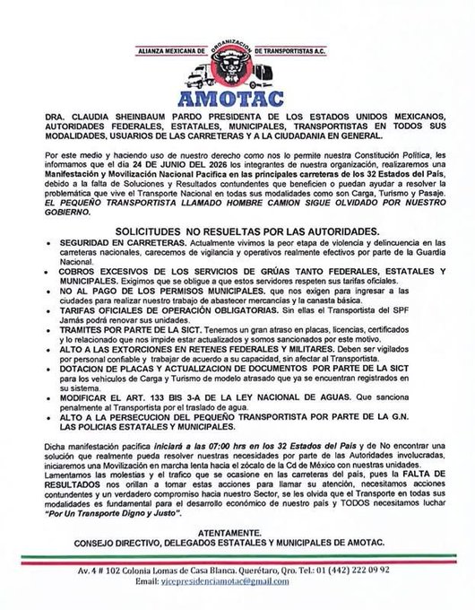 AlexaPonceMy's tweet photo. 🚛⚠️ BLOQUEOS DE AMOTAC

• Transportistas anunciaron movilizaciones este 24 de junio.
• Exigen mayor seguridad en carreteras 🛣️
• Denuncian robos y extorsiones 🚔
• Se esperan afectaciones en vías clave como México–Querétaro, México–Pachuca y México–Puebla 📍
• Se recomienda tomar precauciones y prever retrasos ⏰