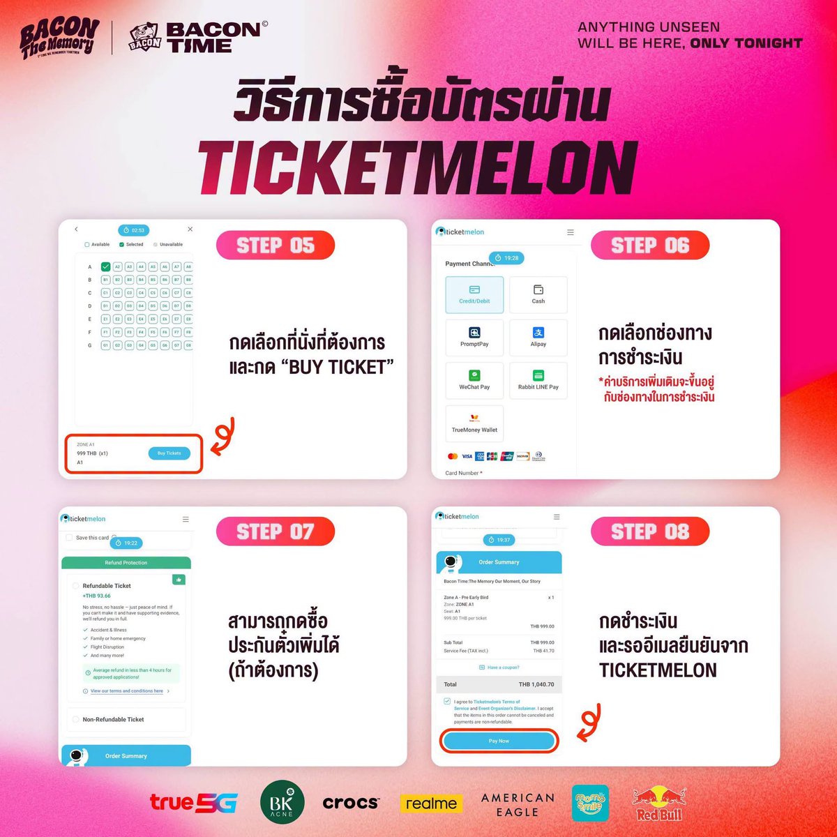 bacontimes's tweet photo. ศุกร์นี้ เตรียมตัวกันให้พร้อมนะครับ กดบัตร 𝐁𝐚𝐜𝐨𝐧 𝐓𝐢𝐦𝐞: 𝐓𝐡𝐞 𝐌𝐞𝐦𝐨𝐫𝐲 powered by True5G พร้อมกัน 10 โมง!!
.
กดบัตรได้ที่: https://t.co/WNH6t1QURf
.
เบคเอาขั้นตอนการกดบัตรมาฝากด้วย จะได้เตรียมตัวกันให้ดีที่สุด เพราะไม่มีใครรู้หรอกว่าบัตรของเราจะหมดเร็วแค่ไหน 🤫 เตือนไว้ก่อนว่าบัตรที่นั่ง หมดแล้ว! หมดเลย! และ Official Fanmeet ครบรอบ 9 ปีของเรา จะจัดเพียงแค่รอบเดียวเท่านั้น
.
นี่เป็นงานที่จะได้เห็นอะไรที่ Unseen ของทีม Bacon Time แน่นอน มาสัมผัสกับ The Memory ที่พิเศษที่สุดไปพร้อมกันนะครับ
.
#BaconTimethememories #ทีมเบคอนแฟนมีต
#ทีมBaconTime #Ampverse