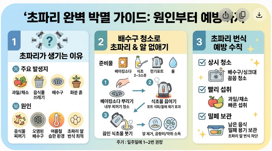 BADASTAY2's tweet photo. 1. 초파리가 생기는 이유
주요 발생지: 과일, 채소, 음식물 쓰레기, 청결하지 않은 배수구, 화분 흙 등입니다.

원인: 음식물 찌꺼기가 남아있거나 배수구가 오염되었을 때 쉽게 번식하며, 특히 여름철의 습한 환경은 초파리가 알을 낳기에 최적의 조건이 됩니다.

2. 초파리 및 알 없애는 법 (배수구 청소)
준비물: 베이킹소다, 전기포트, 물, 식초 2~3스푼

방법 및 효과:
배수구에 베이킹소다를 골고루 뿌려 내부 찌꺼기를 청소합니다.
전기포트에 물과 식초 2~3스푼을 넣고 끓입니다. (이 과정에서 전기포트의 석회때와 물때도 함께 제거됩니다.)
끓인 식초물을 배수구에 천천히 부어 초파리 알을 제거하고 곰팡이와 악취를 소독합니다.

주기: 일주일에 1~2번 반복하면 효과적으로 초파리를 예방할 수 있습니다.

3. 초파리 번식 예방 수칙
배수구와 싱크대 주변을 상시 꼼꼼하게 청소합니다.

과일과 채소는 가급적 빨리 섭취합니다.

남은 음식물은 반드시 밀폐 용기에 보관하여 초파리 알의 번식을 차단합니다.