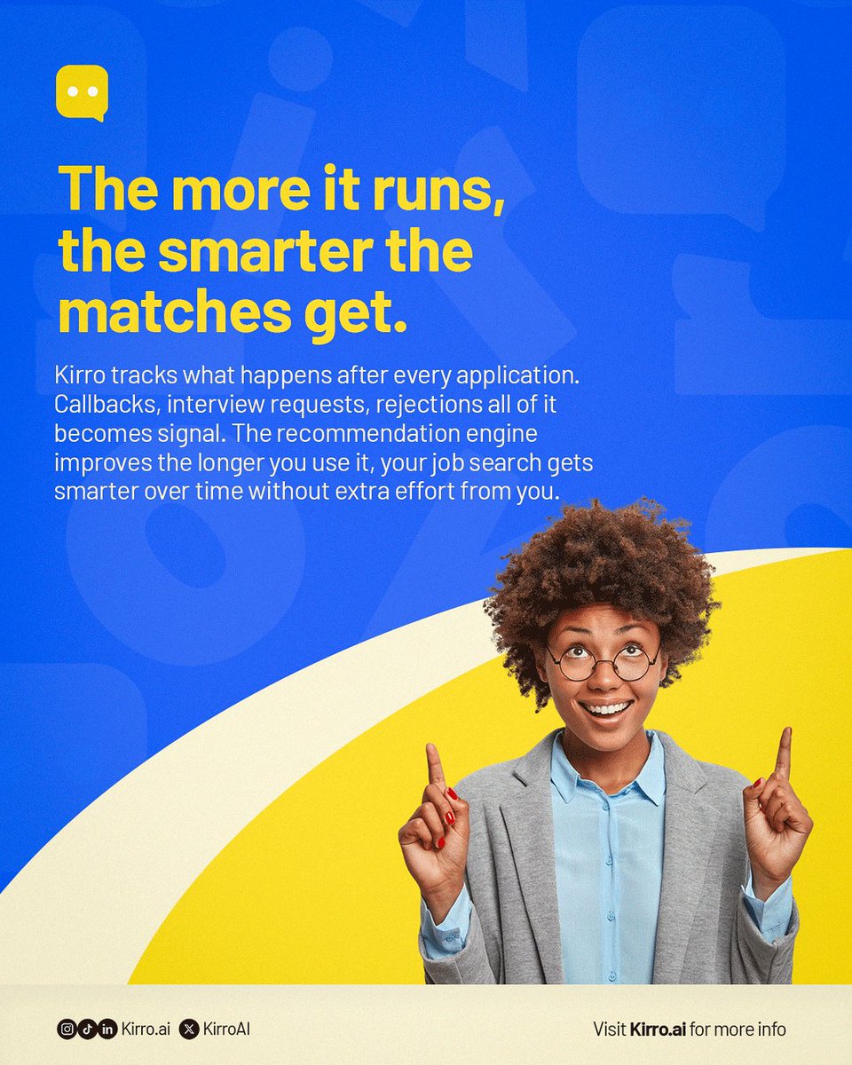 KirroAI's tweet photo. Each application emits outcome data. 

Kirro captures callbacks, interview invitations, declines, translating activity into structured signal layers.

Why haven’t you tried Kirro yet? Let the system refine opportunities as you apply. Try kirro: https://t.co/MgE7CsD1Bb  https://t.co/1RqgmnxsyG