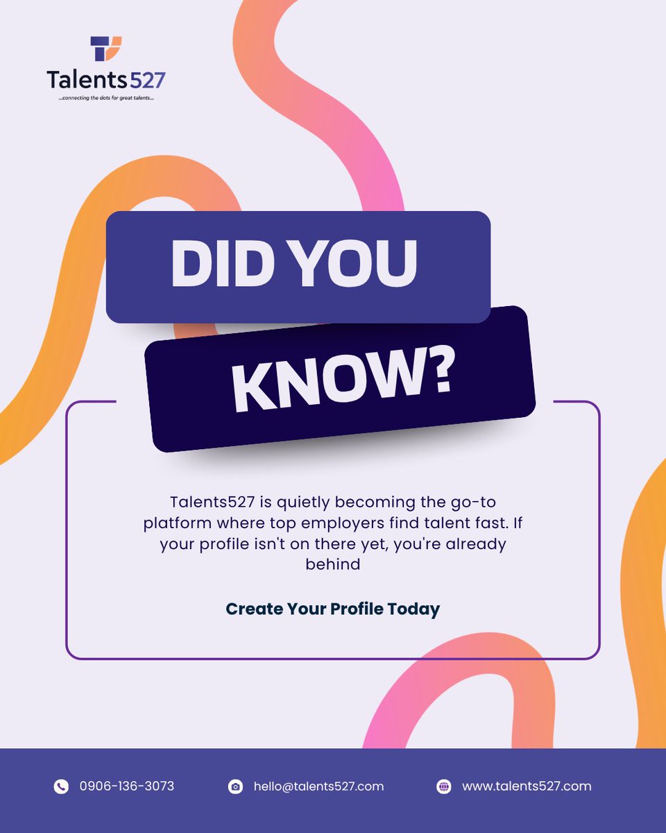 Talents527's tweet photo. Top employers are already on Talents527. 

Finding talent fast, is your profile there yet? 
📞09061363073 
https://t.co/BiTo3QCAUU

#Talents527 #JobSearch #CareerTips #Hiring #GetHired https://t.co/0eoC58EdTG