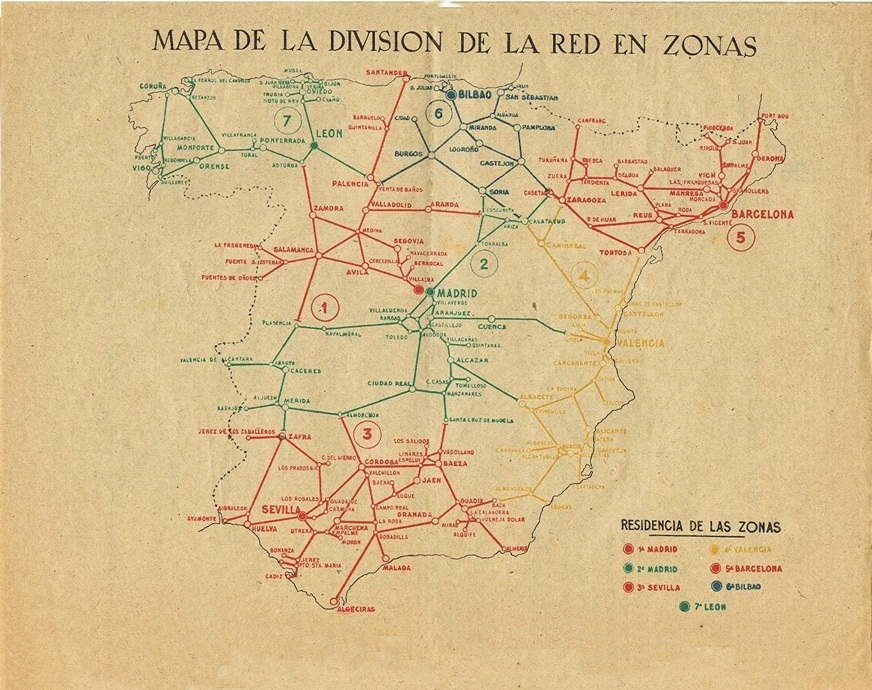 por_tren's tweet photo. 🗺️📚Mapa histórico

🗺️👉Mapa de la división de la red de @Renfe en siete zonas

👉Tras la Guerra Civil, RENFE🚉 se dividió en siete zonas para hacer una descentralización de la gestión📎ferroviaria🚂así como de la gestión. El objetivo🎯 fue organizar la recuperación, entre otros https://t.co/jincNPKcV4