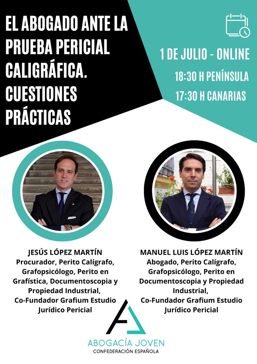 abogacia_joven's tweet photo. 🚨 El Abogado ante la Prueba Pericial Caligráfica. Cuestiones prácticas

Inscripción en el siguiente enlace🔗
https://t.co/nlhx4WUFjt

📆 Miércoles 1 de julio
🕒 18:30 h
💻 Online
🗣️ Jesús López Martín
🗣️ Manuel Luis López Martín https://t.co/od88lt2PeX