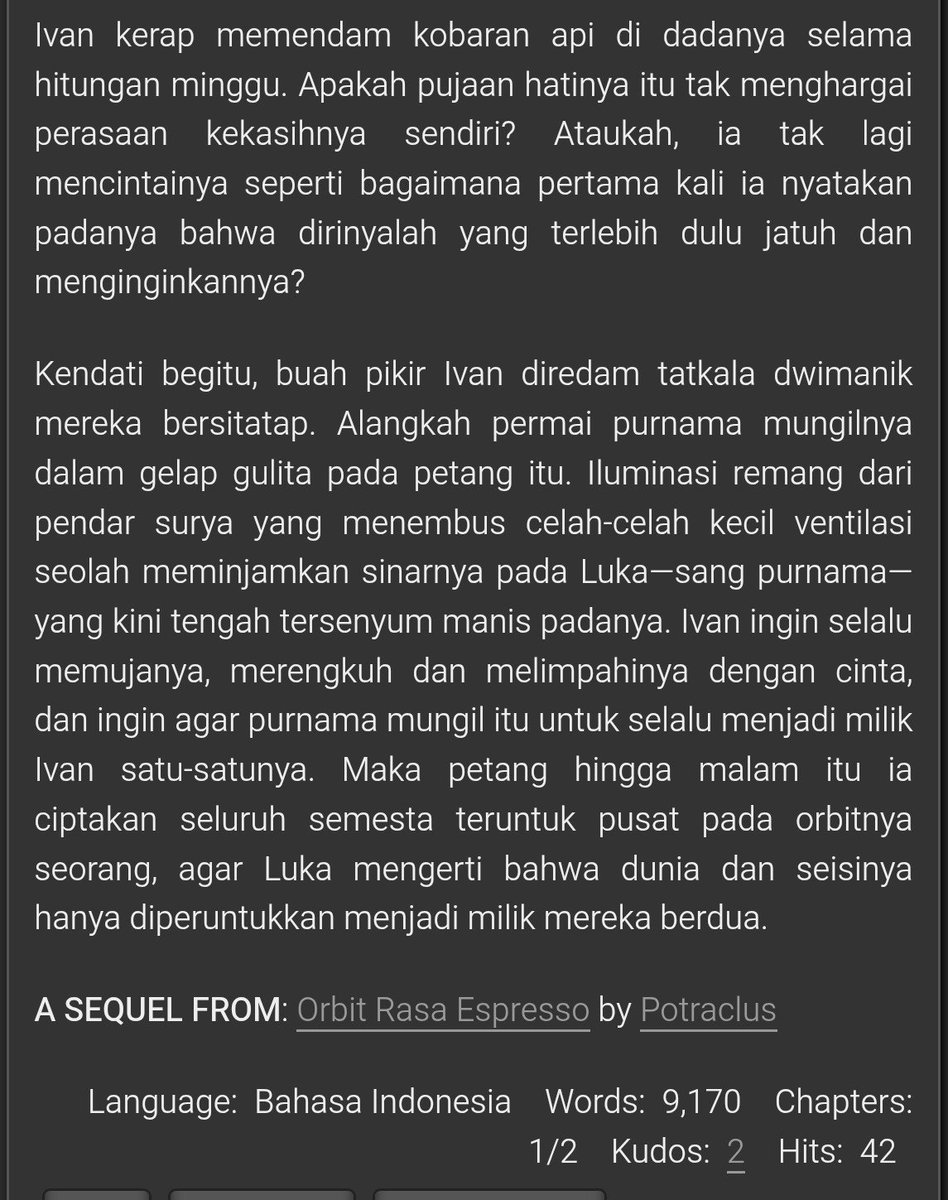 _scarletleaves's tweet photo. katastrofe permai dalam jelita parasmu
an #ivanluka twoshot fanfiction

written by @_scarletleaves and inspired from @triecksters's fic titled "Orbit Rasa Expresso". please go to her fic first before you read mine!

🔗:https://t.co/dnUpqmMJAH https://t.co/CD3V9y0TIJ