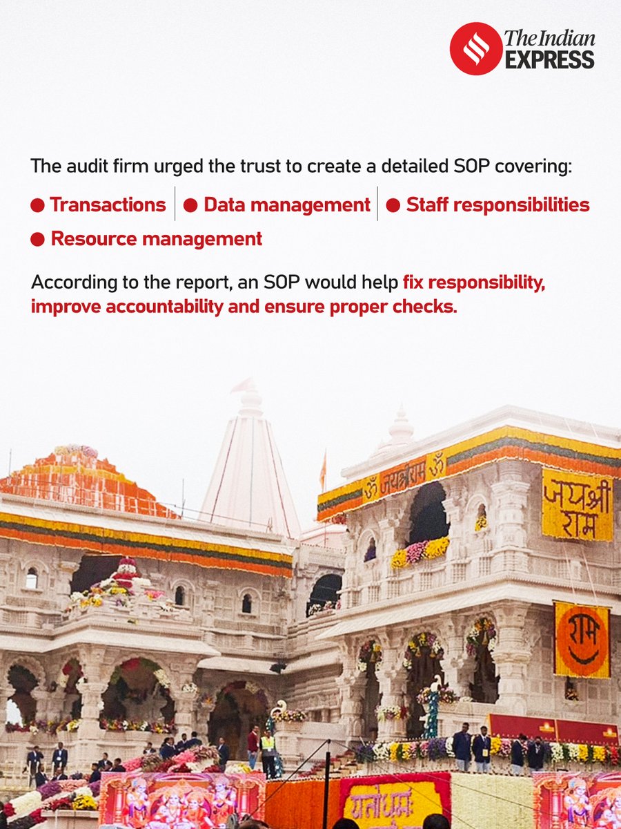 IndianExpress's tweet photo. Six years before an SIT began probing allegations of irregularities in Ram Temple donations, a private audit firm had warned of serious gaps in the trust’s systems.

A 2020 audit flagged the absence of a systematic record of donations, weak data management and the lack of a standard operating procedure (SOP).

The report cautioned that poor oversight could lead to accountability and reporting issues.

Written by: Shyamlal Yadav

Click on the 🔗 below to read full article.
https://t.co/Exq4yT84bD