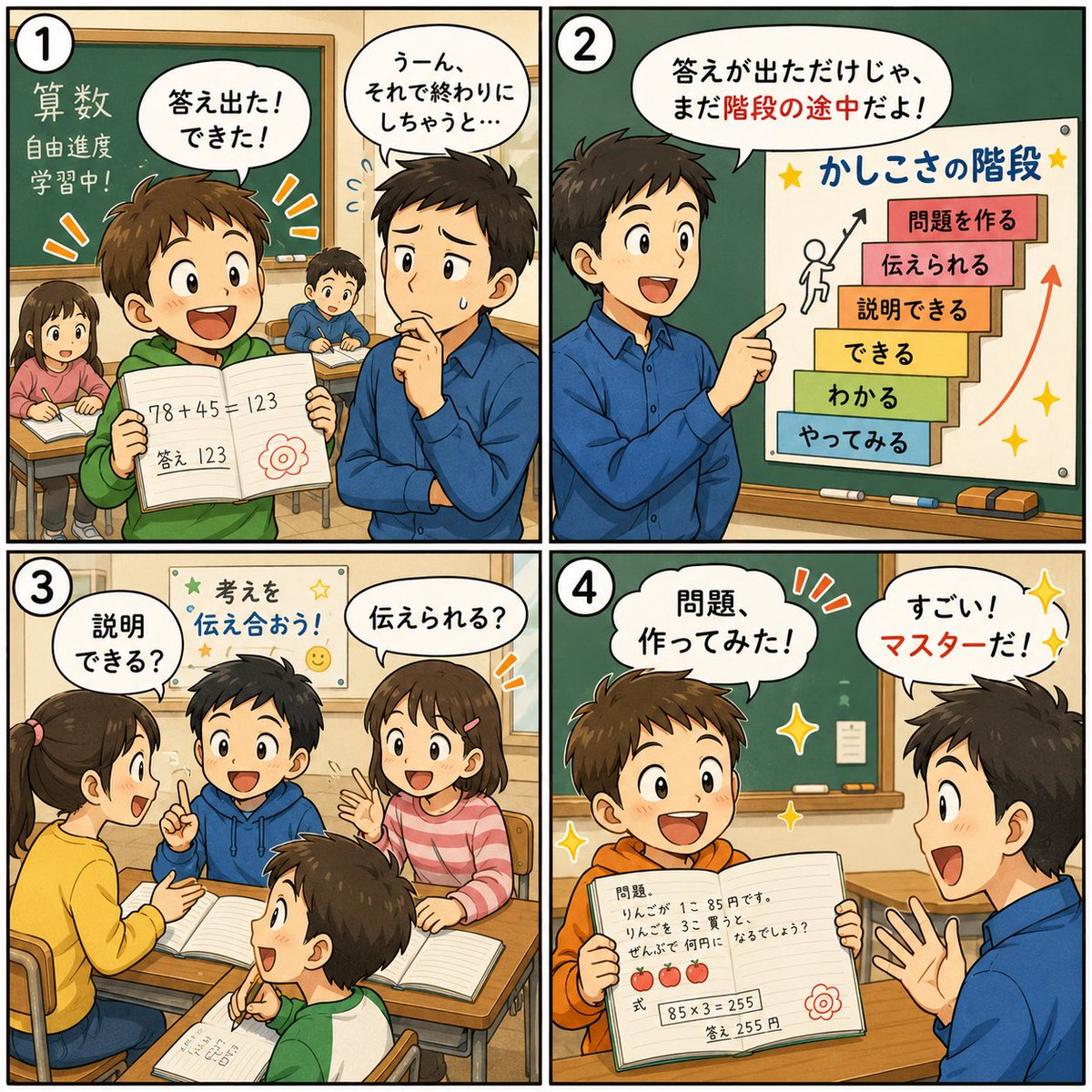FujiT2019's tweet photo. 算数の自由進度学習・自己調整学習が上手くいかない、壮大な自習になってしまう一因。それは「答えが出た＝できた」で終わってしまうことだと思っています。

その先のステップを示さないと、子どものマインドセットが育ちません！
そこで有名な「かしこさの階段」をアレンジして掲示物を作成！

やってみる→わかる→できる→説明できる→伝えられる→問題を作る（マスター✨）
けテぶれの「みんプリ」要素も入れ込みました！
#自由進度学習 #けテぶれ