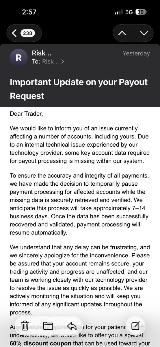 Arun__Rajput_'s tweet photo. In short qt says their data for payout is missing and they temporarily paused payout for 14 days. In exchange they’re giving 60% off. What will i do with discounted account if you’re not able to give the payout. Please give us our payout.@AlexQuantTekel @QtFunded https://t.co/DayQXwHNhL