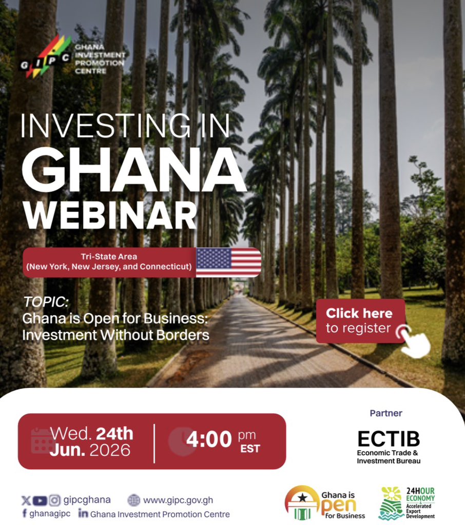 gipaghana's tweet photo. The Centre, in partnership with the Economic Trade & Investment Bureau (ECTIB), invites investors and members of the diaspora in the Tri-State Area (New York, New Jersey, and Connecticut) to the Investing in Ghana Webinar.

Join the conversation on “Ghana is Open for Business: Investment Without Borders” and explore opportunities within Ghana’s growing investment landscape today, at 4:00pm EST.

Kindly register here: https://t.co/U2U6CFNcjX

#InvestGhana #GIPC #GhanaUSA #GhanaIsOpenForBusiness #Investment