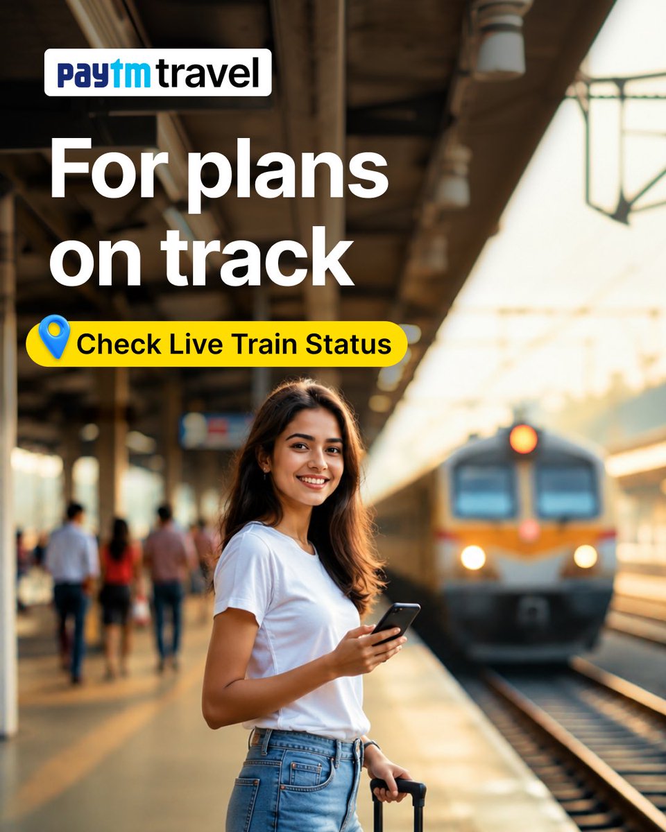 PaytmCheckin's tweet photo. Train late hai ya platform badal gaya? 🤔
Guesswork chhodo. 😉
Check Live Train Status on Paytm Travel and stay one step ahead of your journey. 🚂📍
https://t.co/3dyOZ4Nlwr
#TrainStatus #IndianRailways #PaytmTravel https://t.co/X7NtELLhCZ